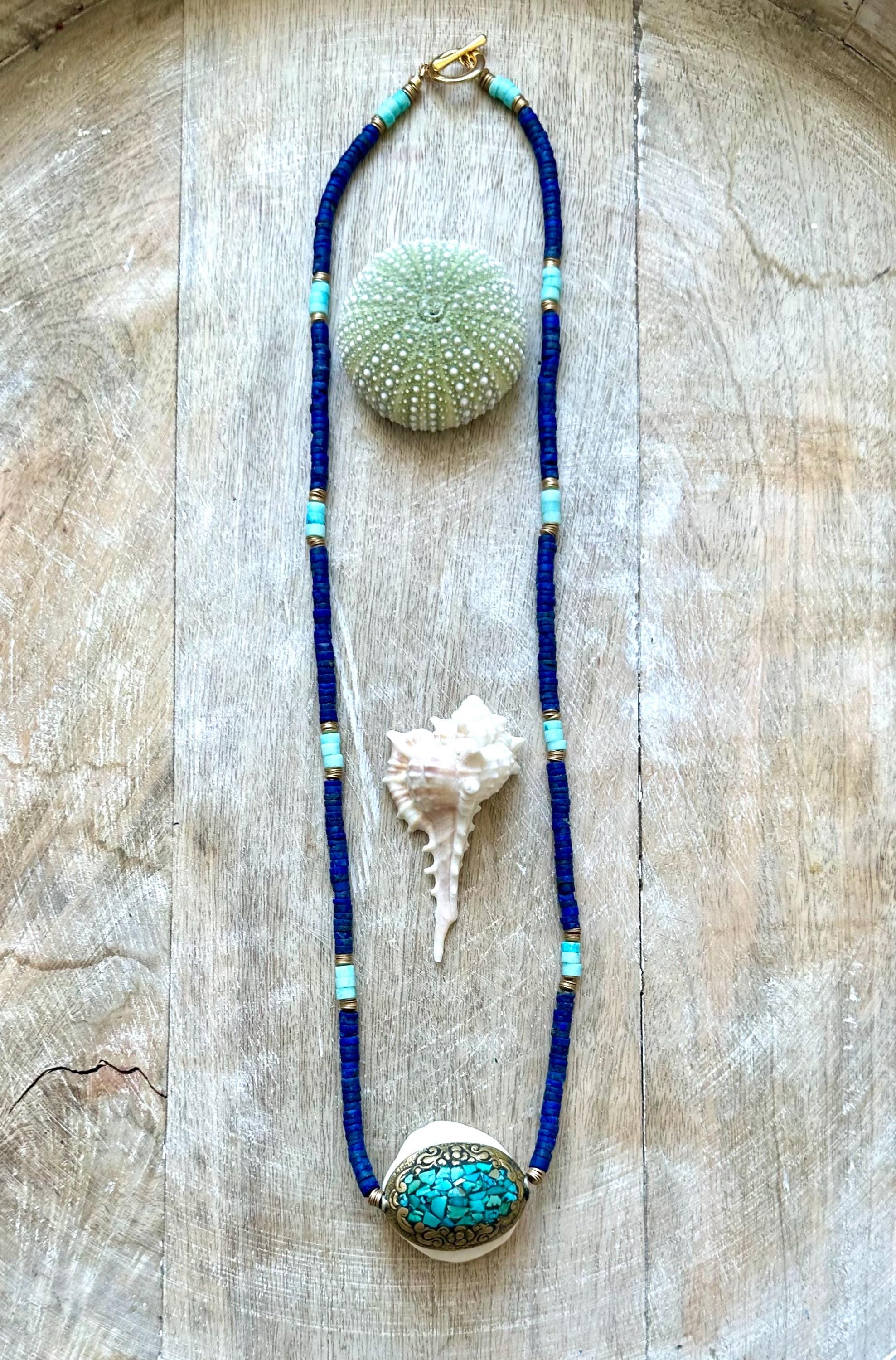 Tibetan Turquoise Pendant Lapis and Bone Necklace