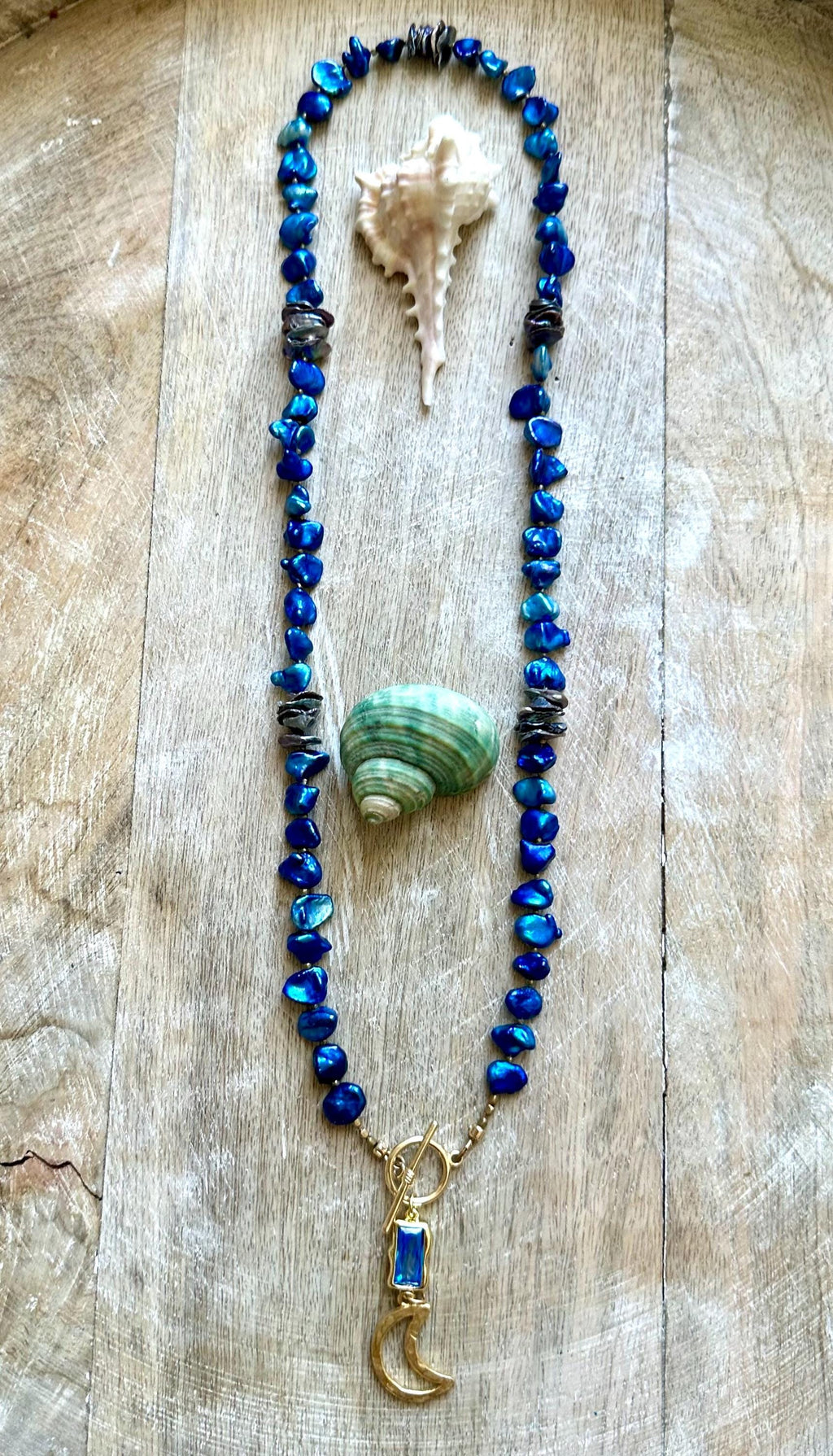 Blue & Grey Pearl Moon Pendant Necklace
