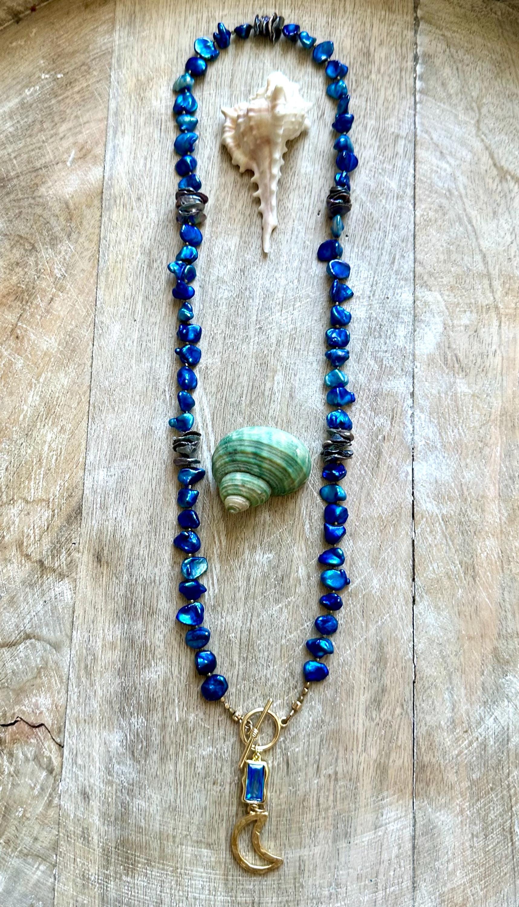 Blue & Grey Pearl Moon Pendant Necklace