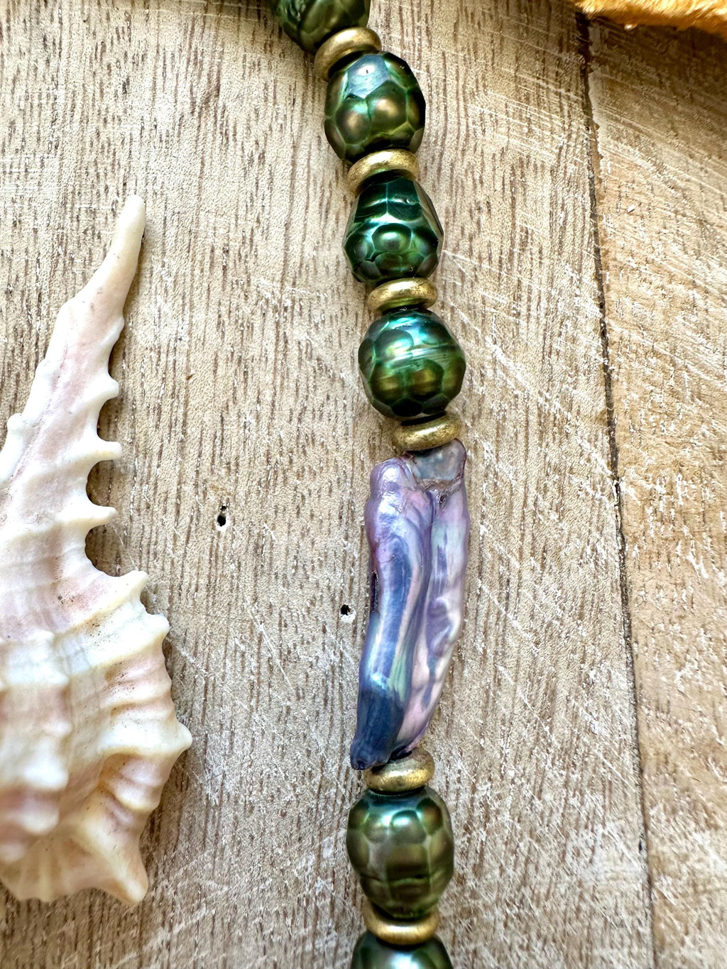 Mystic Green Pearl, African Brass Abalone Shell Pendant Necklace