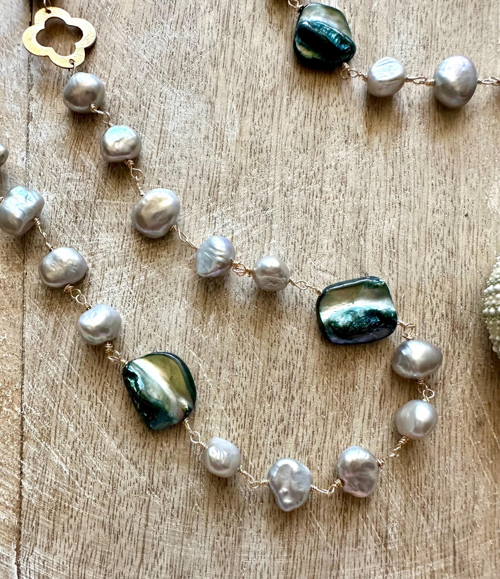 Long Pearl Necklace with blue shell beads and 18k accents