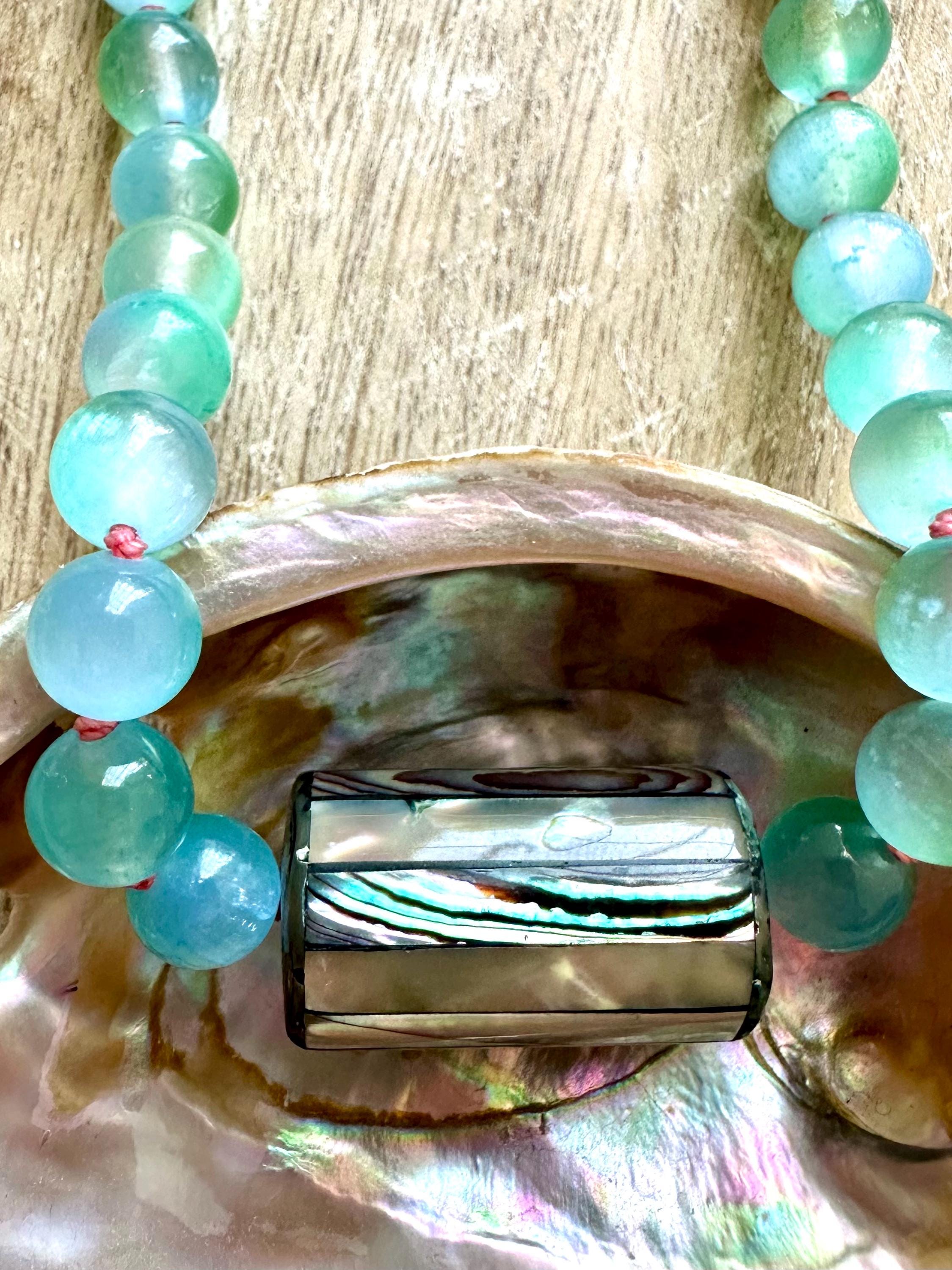 Blue-Green Selenite Knotted Necklace with Abalone Pendant