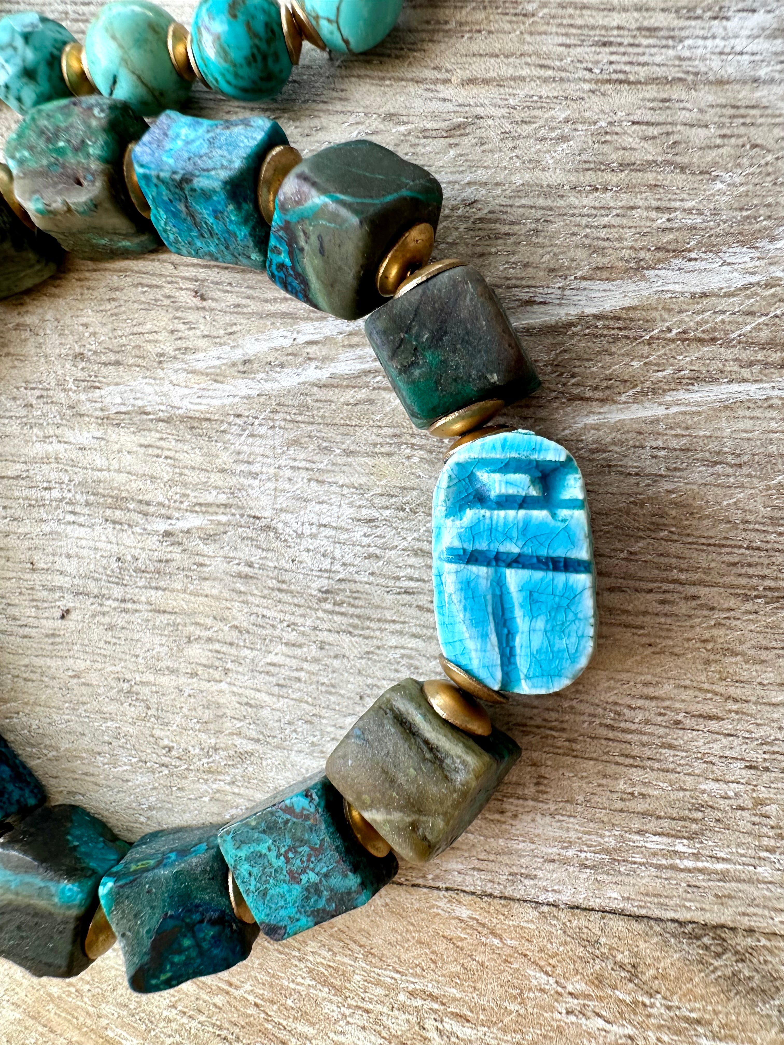 Egyptian Azurite Scarab & Eye of Horus Bracelet Stack