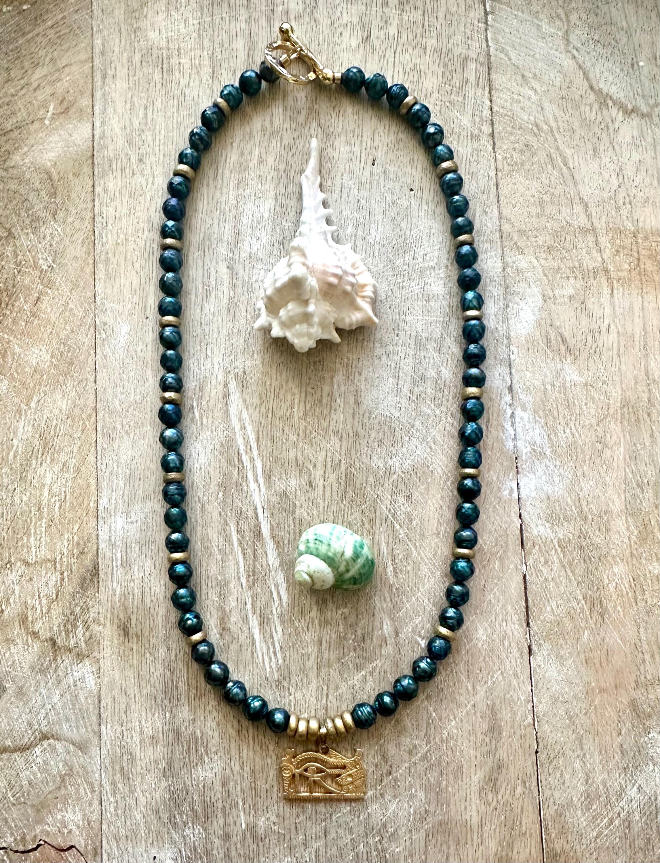 Mystic Blue-Green Pearl Egyptian Eye Of Horus Necklace