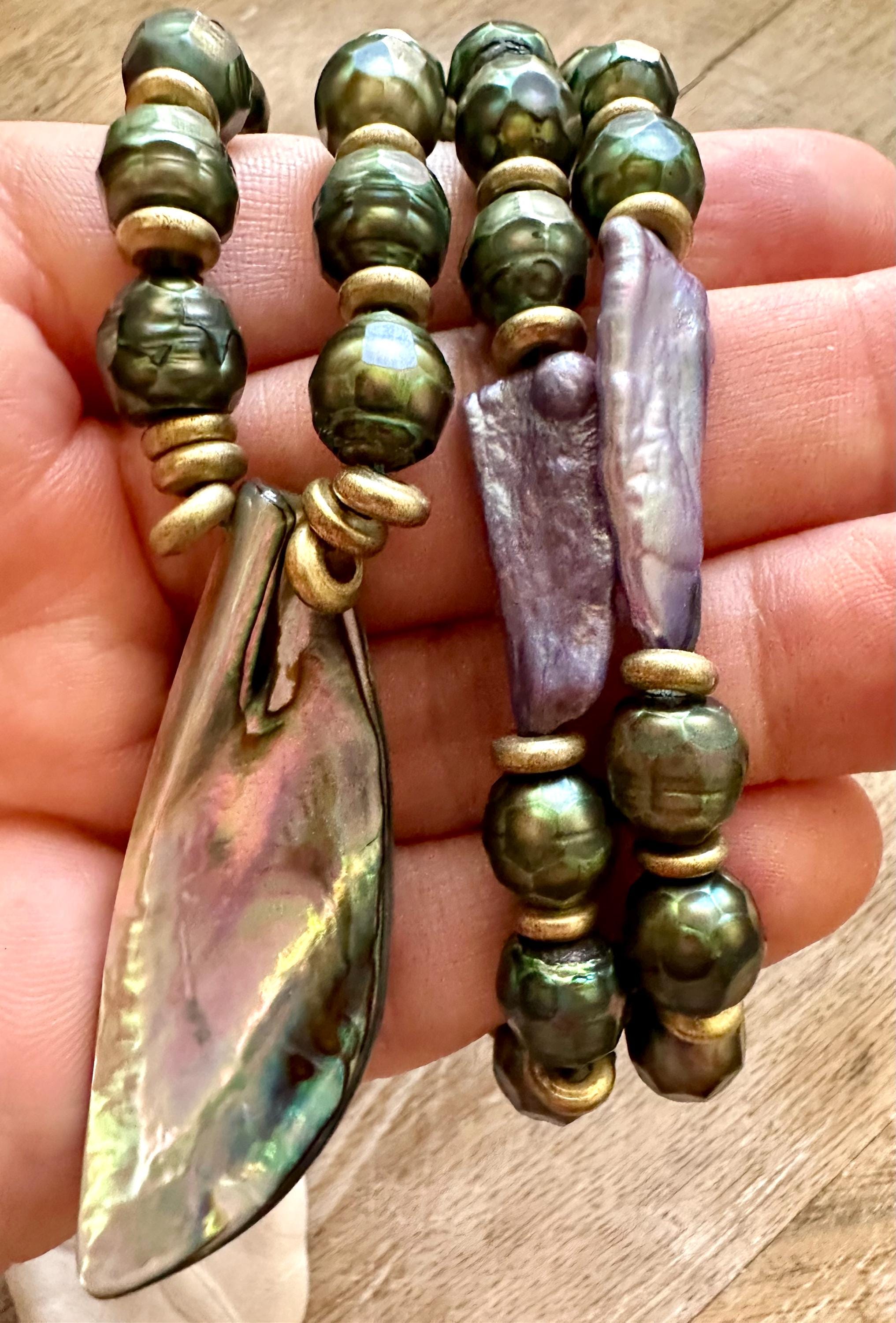 Mystic Green Pearl, African Brass Abalone Shell Pendant Necklace