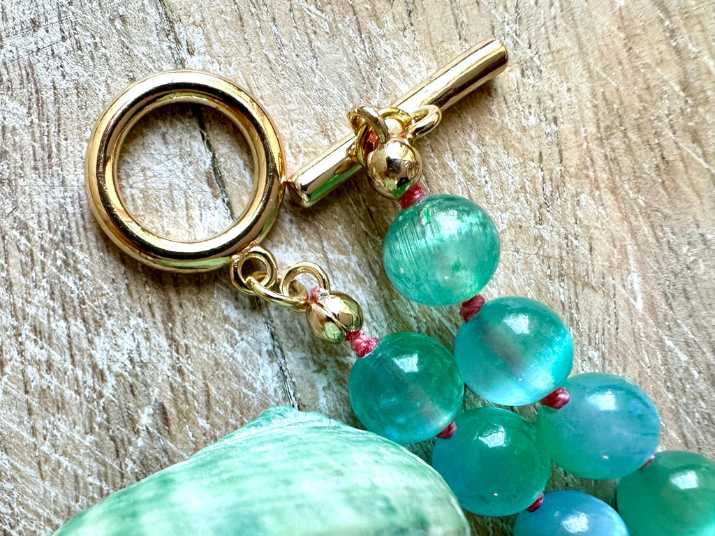 Blue-Green Selenite Knotted Necklace with Abalone Pendant