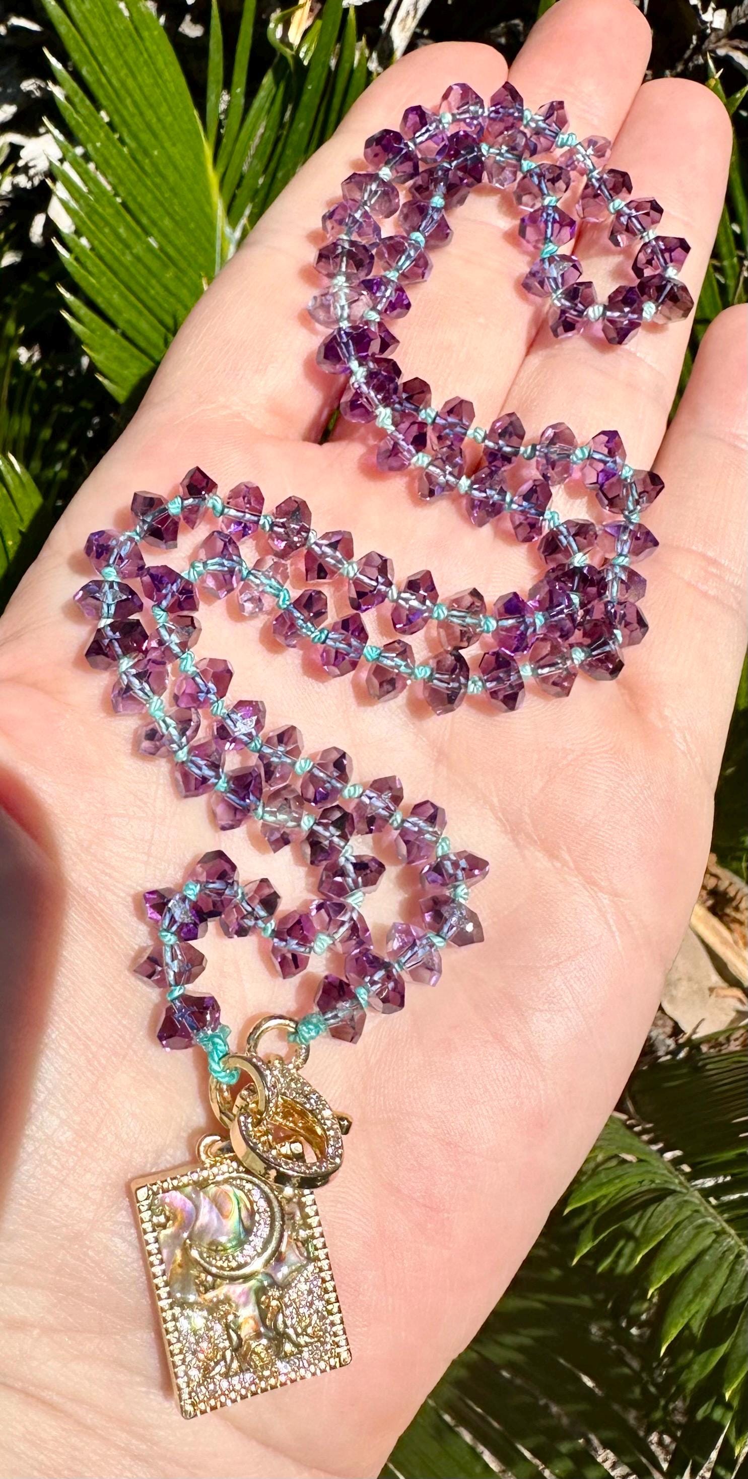 Handmade Sparkling Amethyst Moon & Stars Pendant Necklace