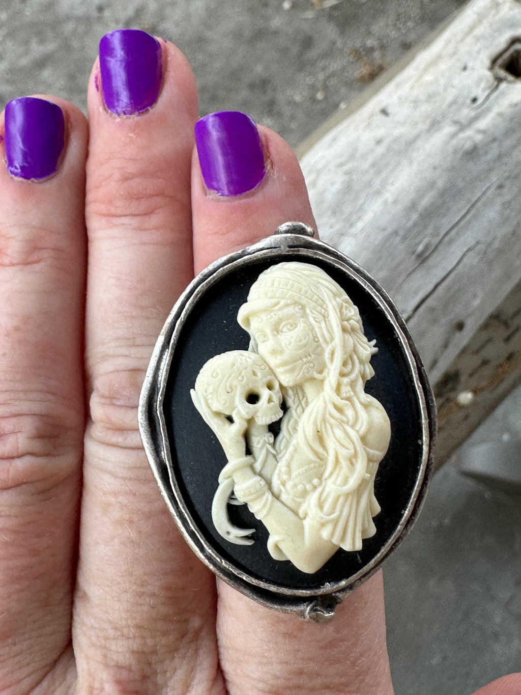 Skeleton Cameo Halloween Statement Silver Ring