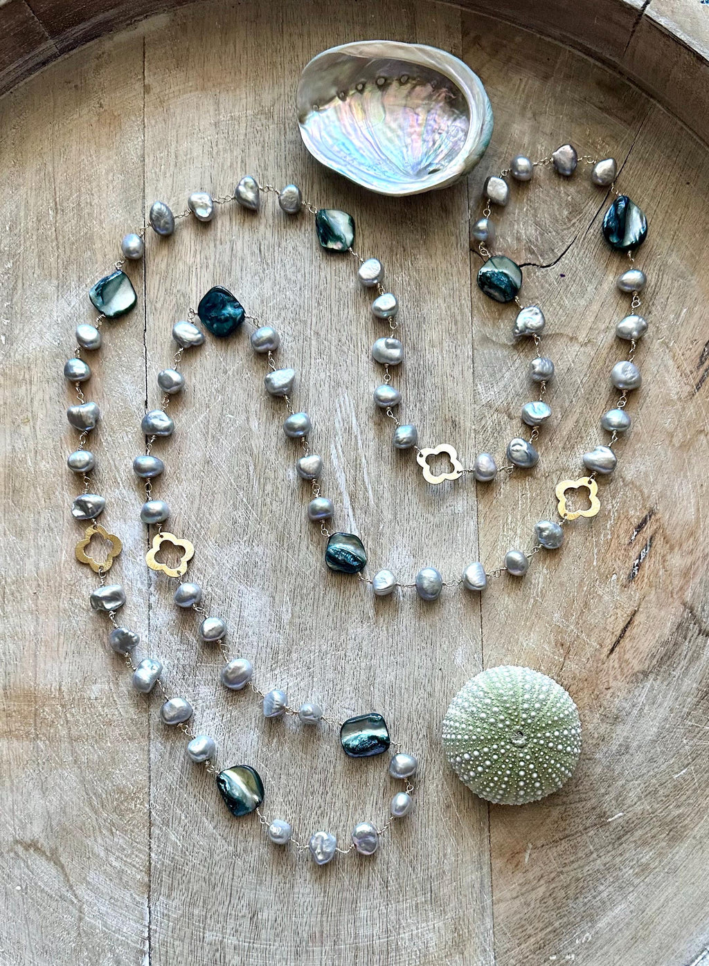 Long Pearl Necklace with blue shell beads and 18k accents