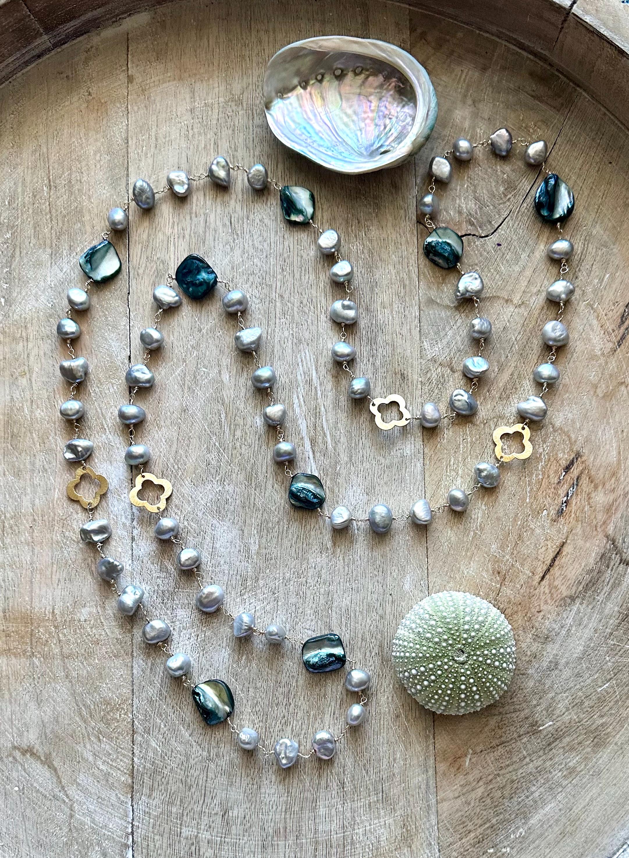 Long Pearl Necklace with blue shell beads and 18k accents