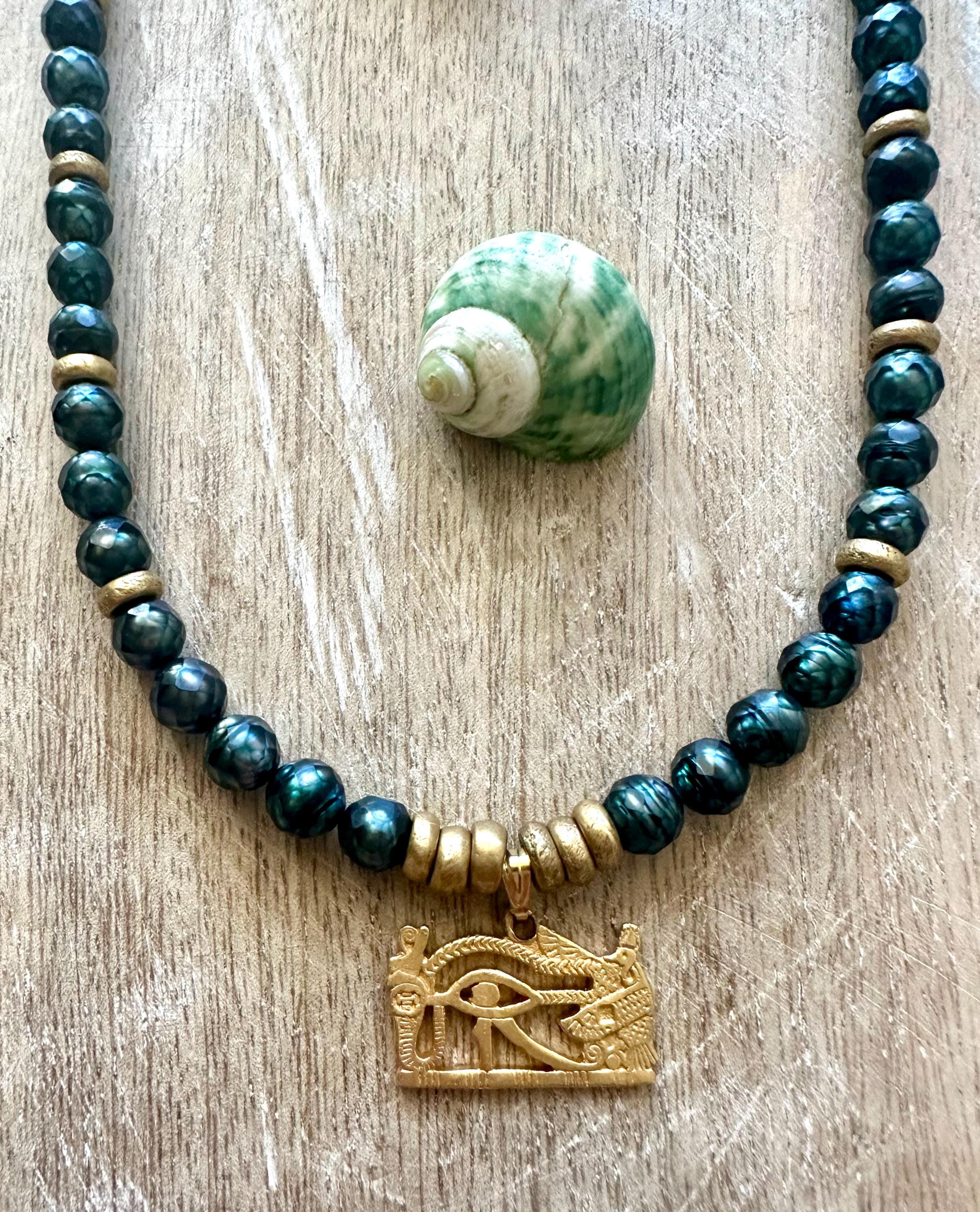 Mystic Blue-Green Pearl Egyptian Eye Of Horus Necklace