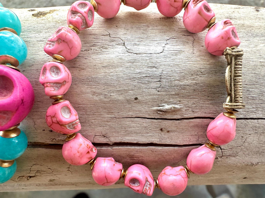 Halloween Pink Sugar Skulls Beaded Bracelet