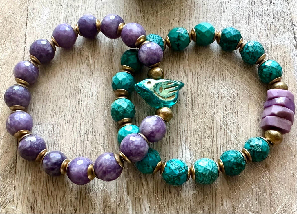 Bird Charm Iolite & Turquoise Bracelet Stack