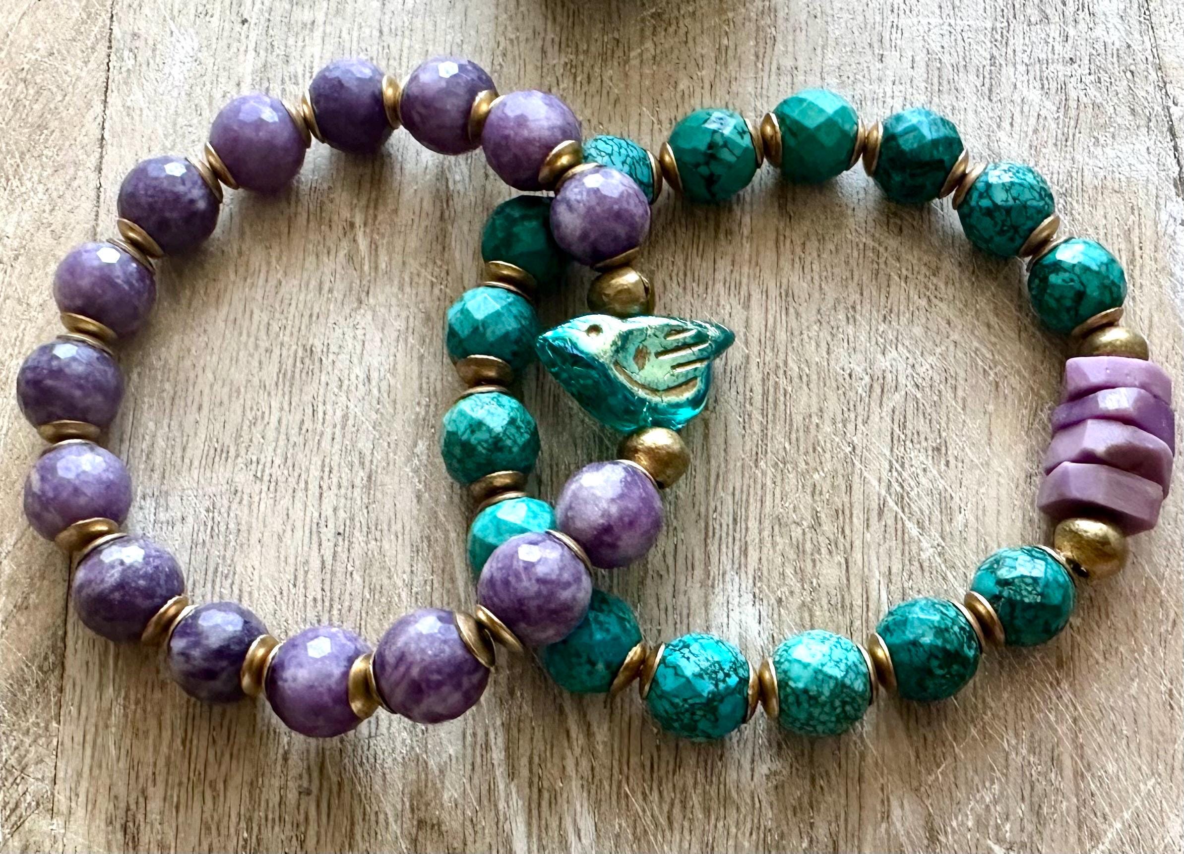 Bird Charm Iolite & Turquoise Bracelet Stack