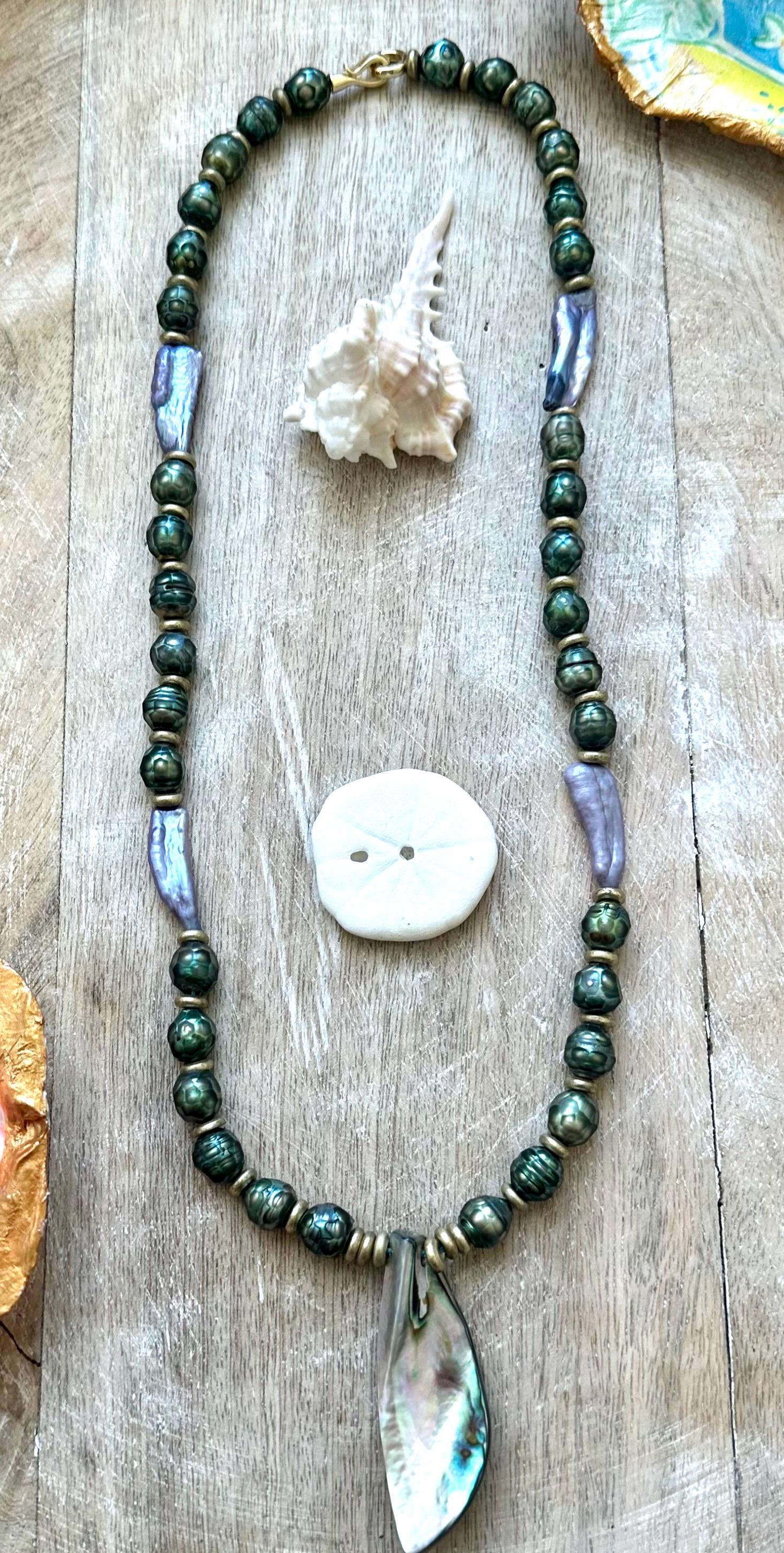 Mystic Green Pearl, African Brass Abalone Shell Pendant Necklace