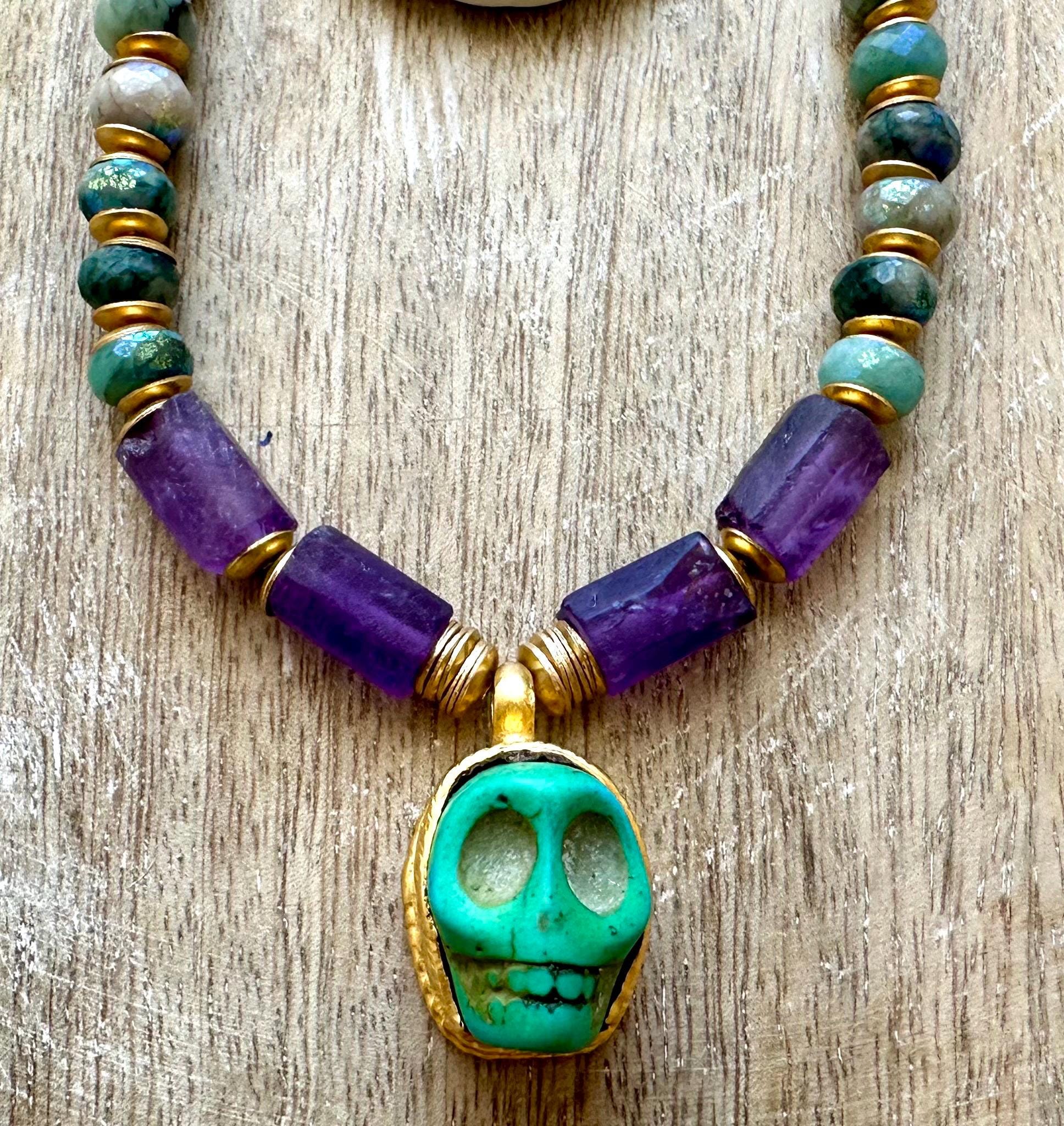Gold Plated Skull Necklace With Amethyst And Mystic Indian Agate