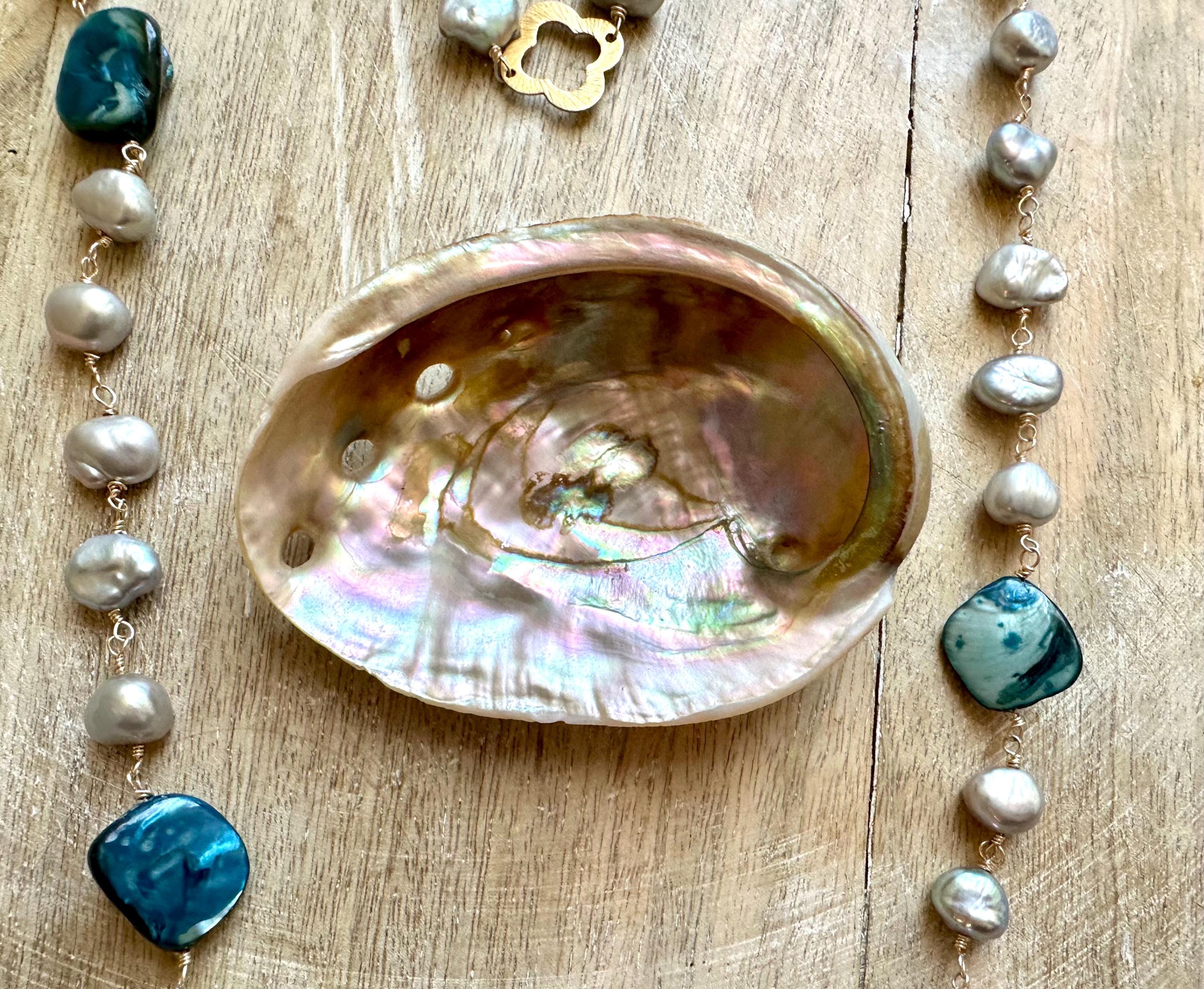 Long Pearl Necklace with blue shell beads and 18k accents