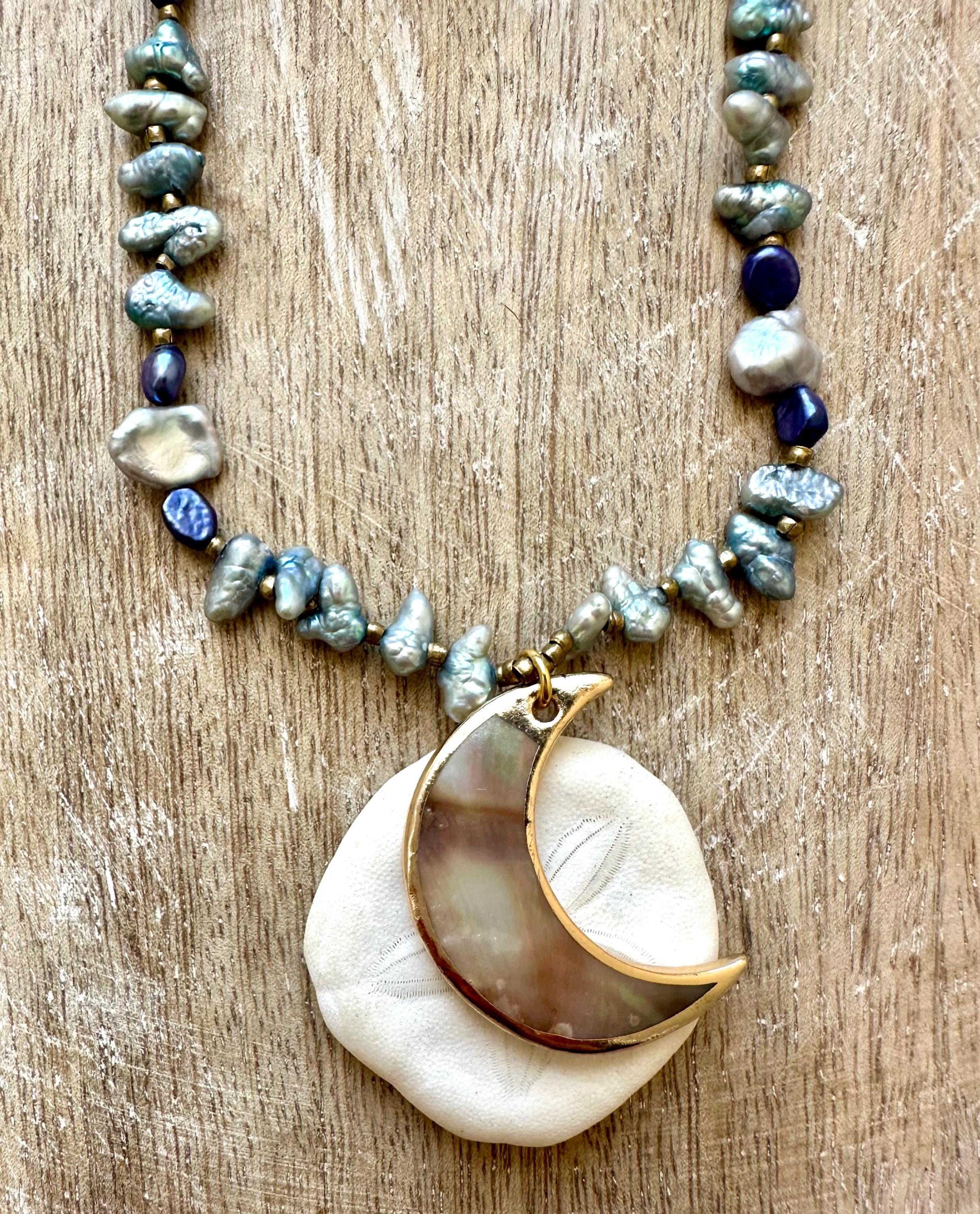 Abalone Moon Pendant Pearl Necklace