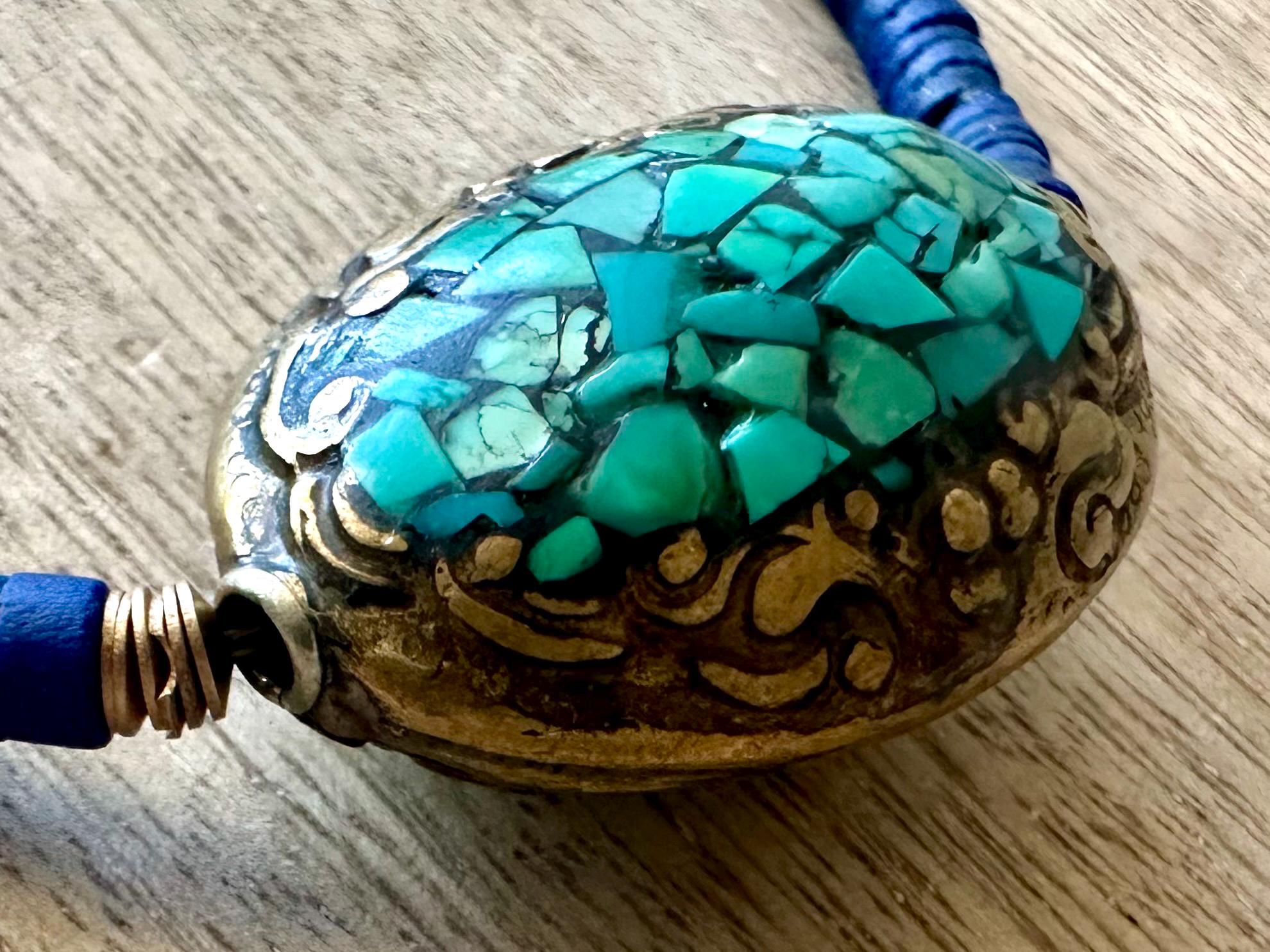 Tibetan Turquoise Pendant Lapis and Bone Necklace