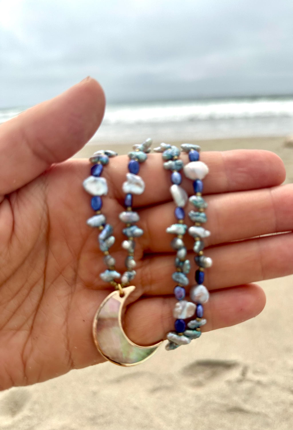 Abalone Moon Pendant Pearl Necklace