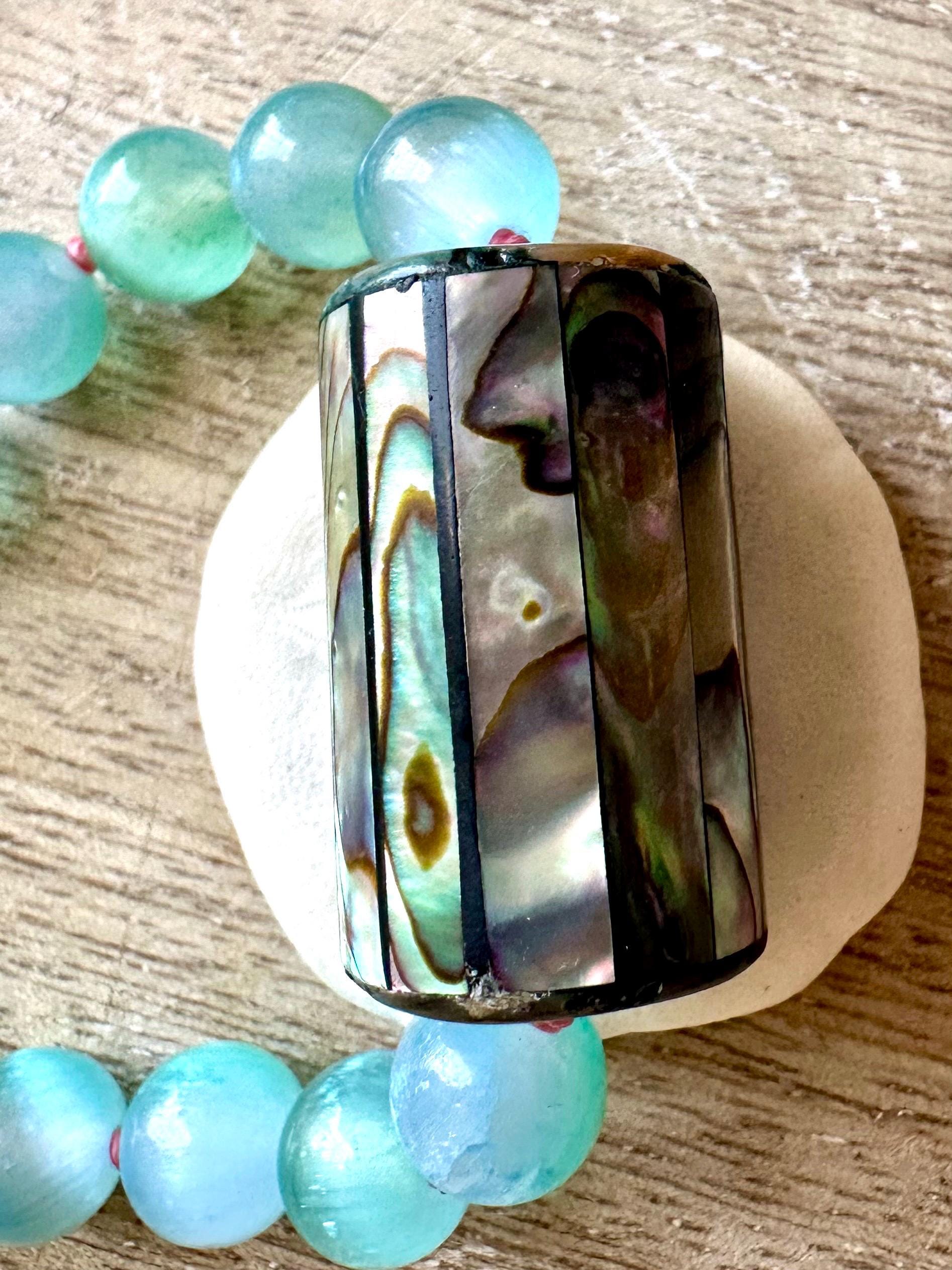 Blue-Green Selenite Knotted Necklace with Abalone Pendant
