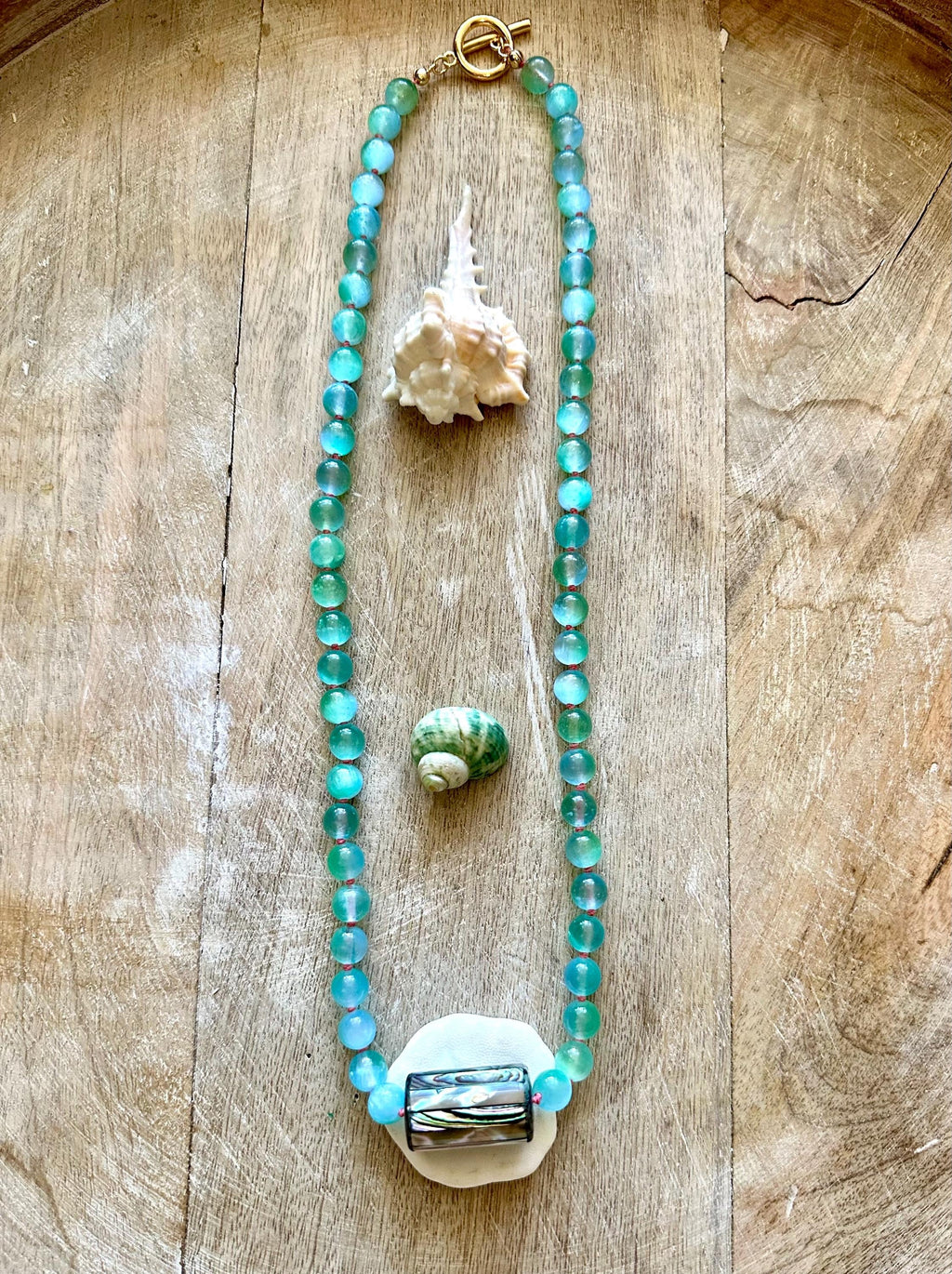 Blue-Green Selenite Knotted Necklace with Abalone Pendant