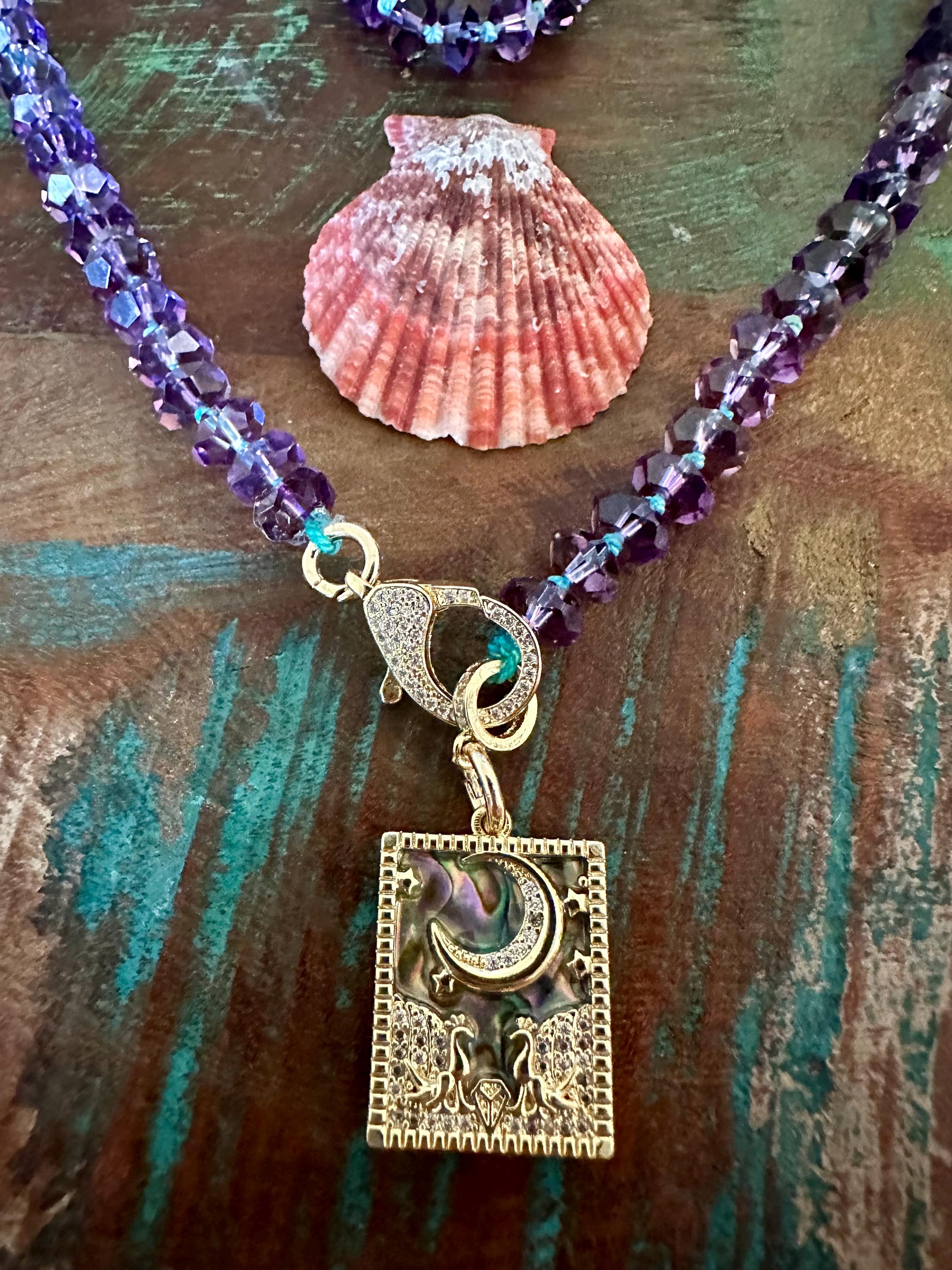 Handmade Sparkling Amethyst Moon & Stars Pendant Necklace
