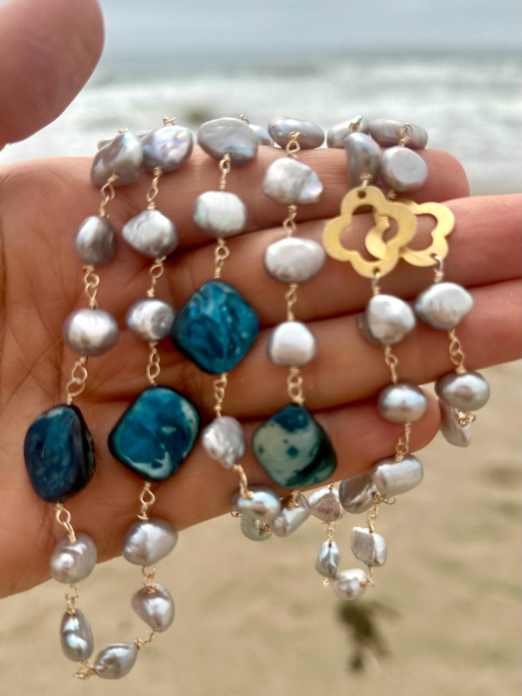 Long Pearl Necklace with blue shell beads and 18k accents