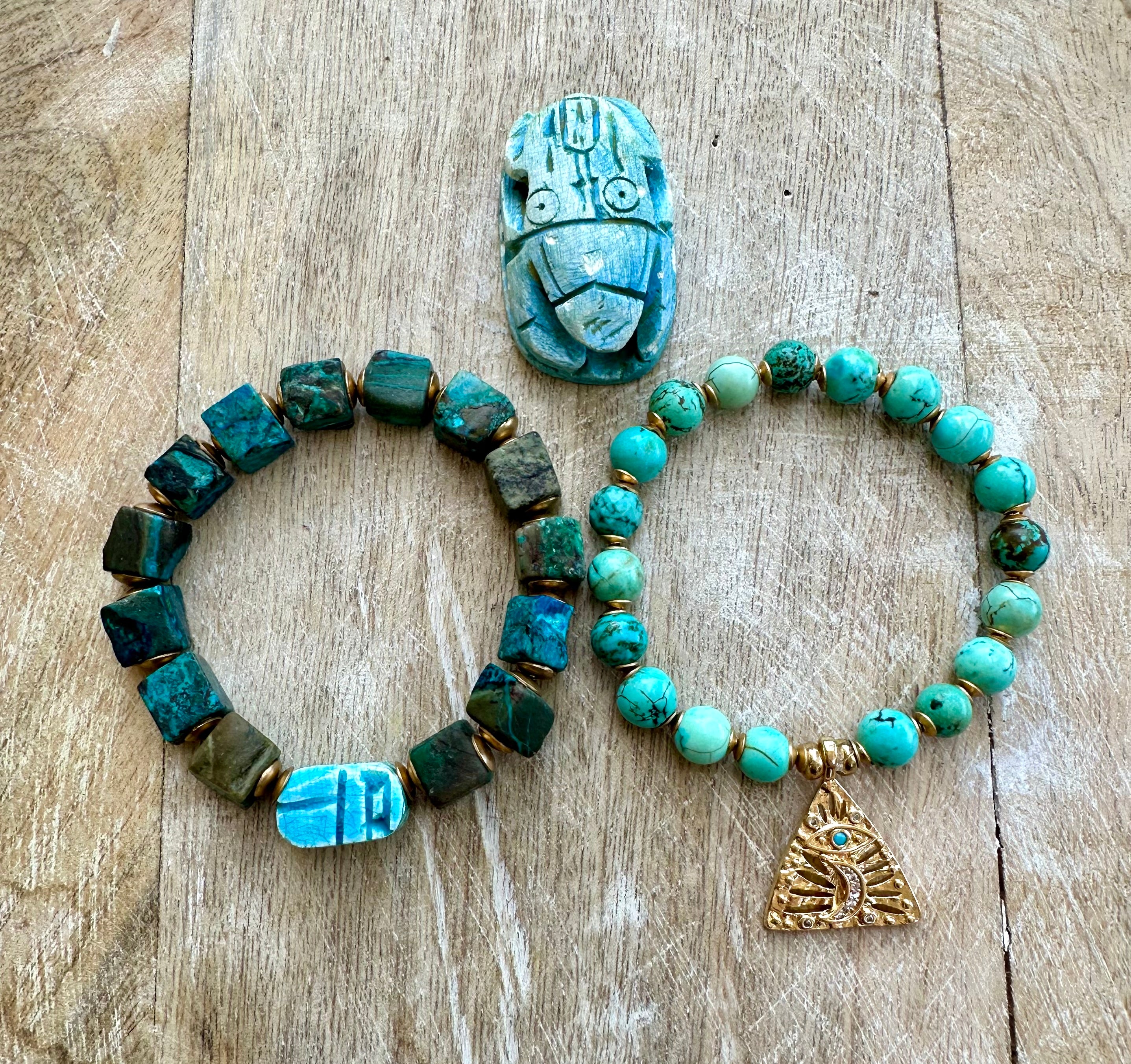 Egyptian Azurite Scarab & Eye of Horus Bracelet Stack