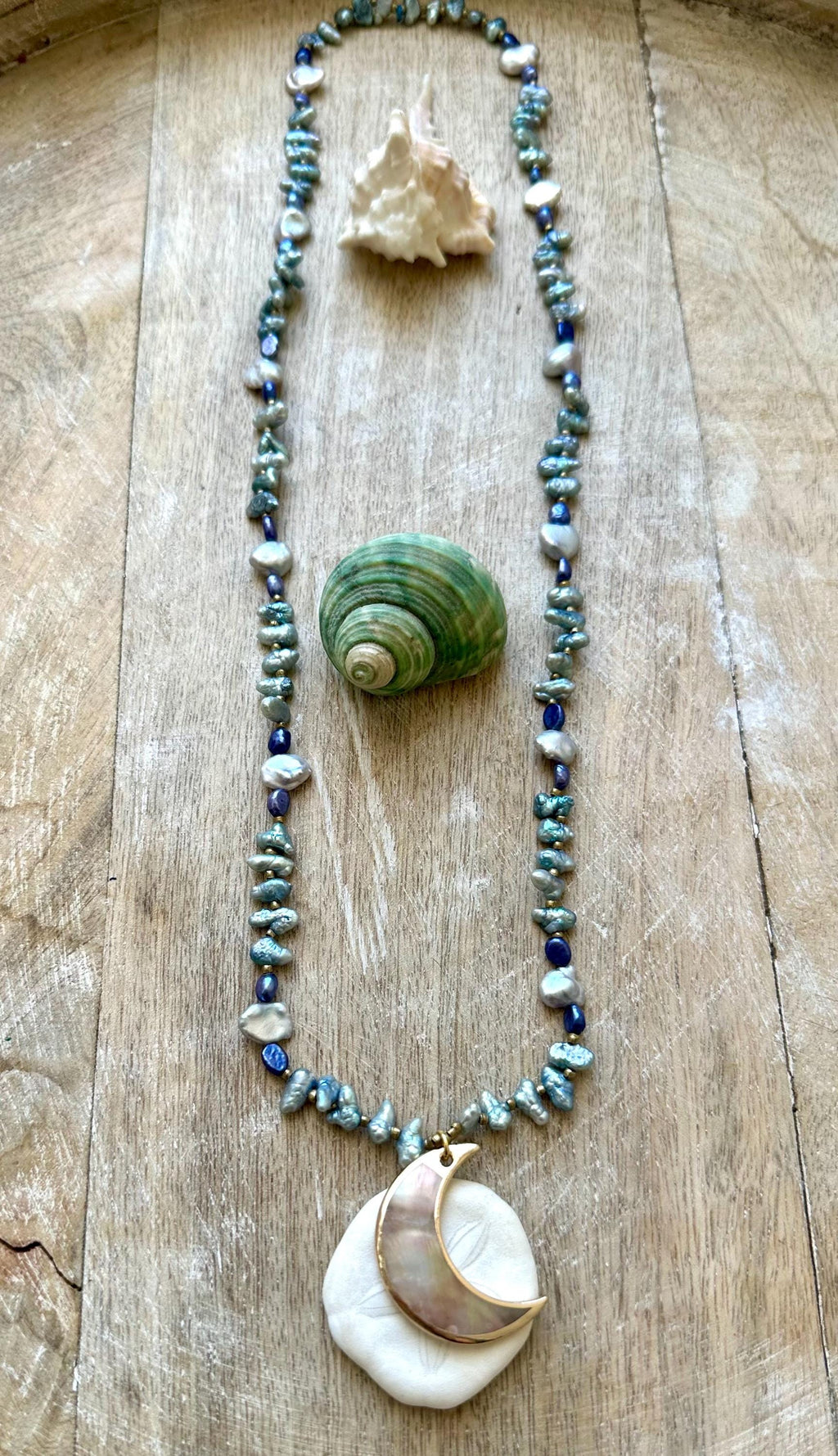 Abalone Moon Pendant Pearl Necklace