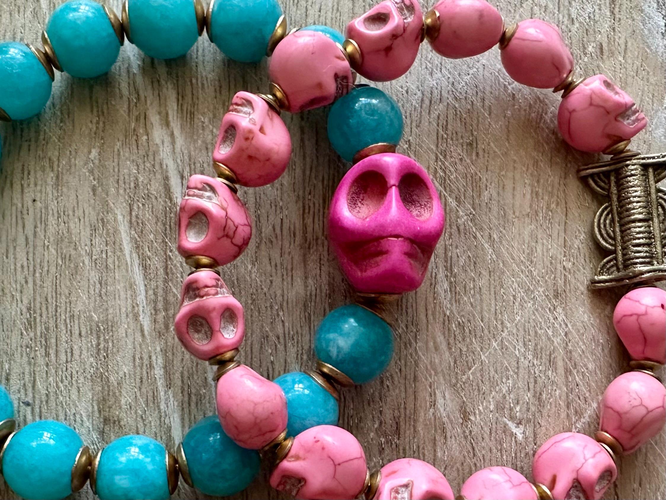 Halloween Pink Sugar Skulls Beaded Bracelet