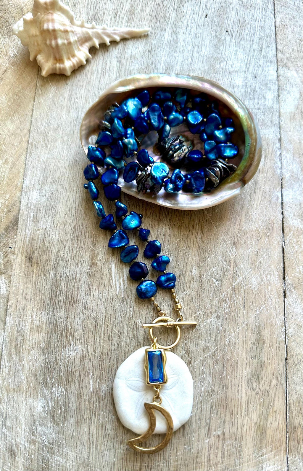 Blue & Grey Pearl Moon Pendant Necklace