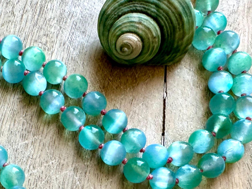 Blue-Green Selenite Knotted Necklace with Abalone Pendant