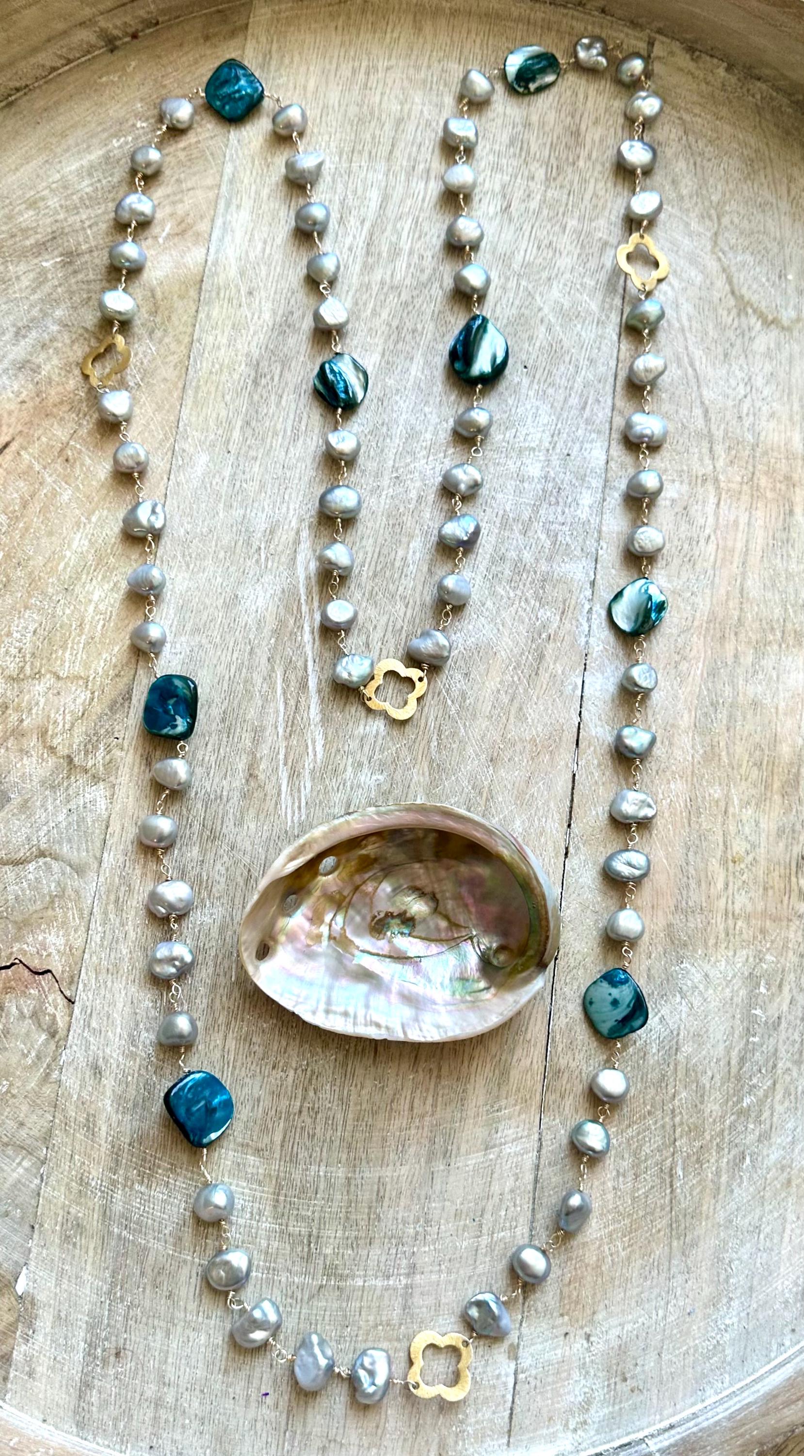 Long Pearl Necklace with blue shell beads and 18k accents