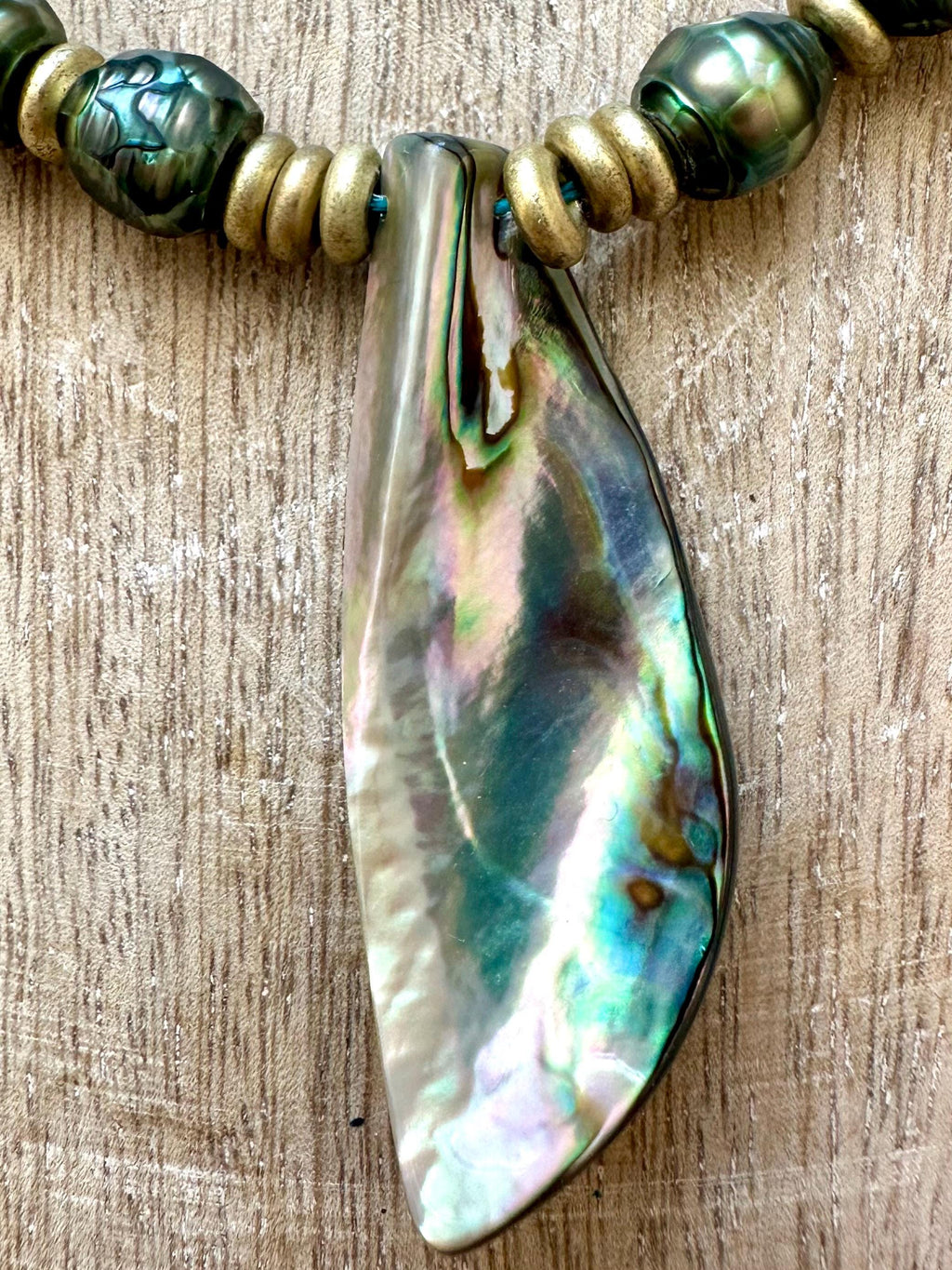 Mystic Green Pearl, African Brass Abalone Shell Pendant Necklace