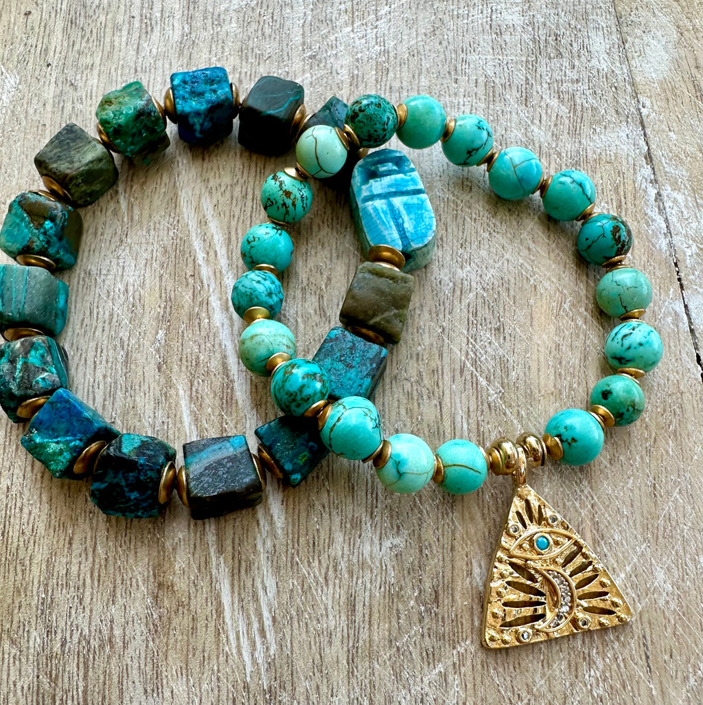 Egyptian Azurite Scarab & Eye of Horus Bracelet Stack