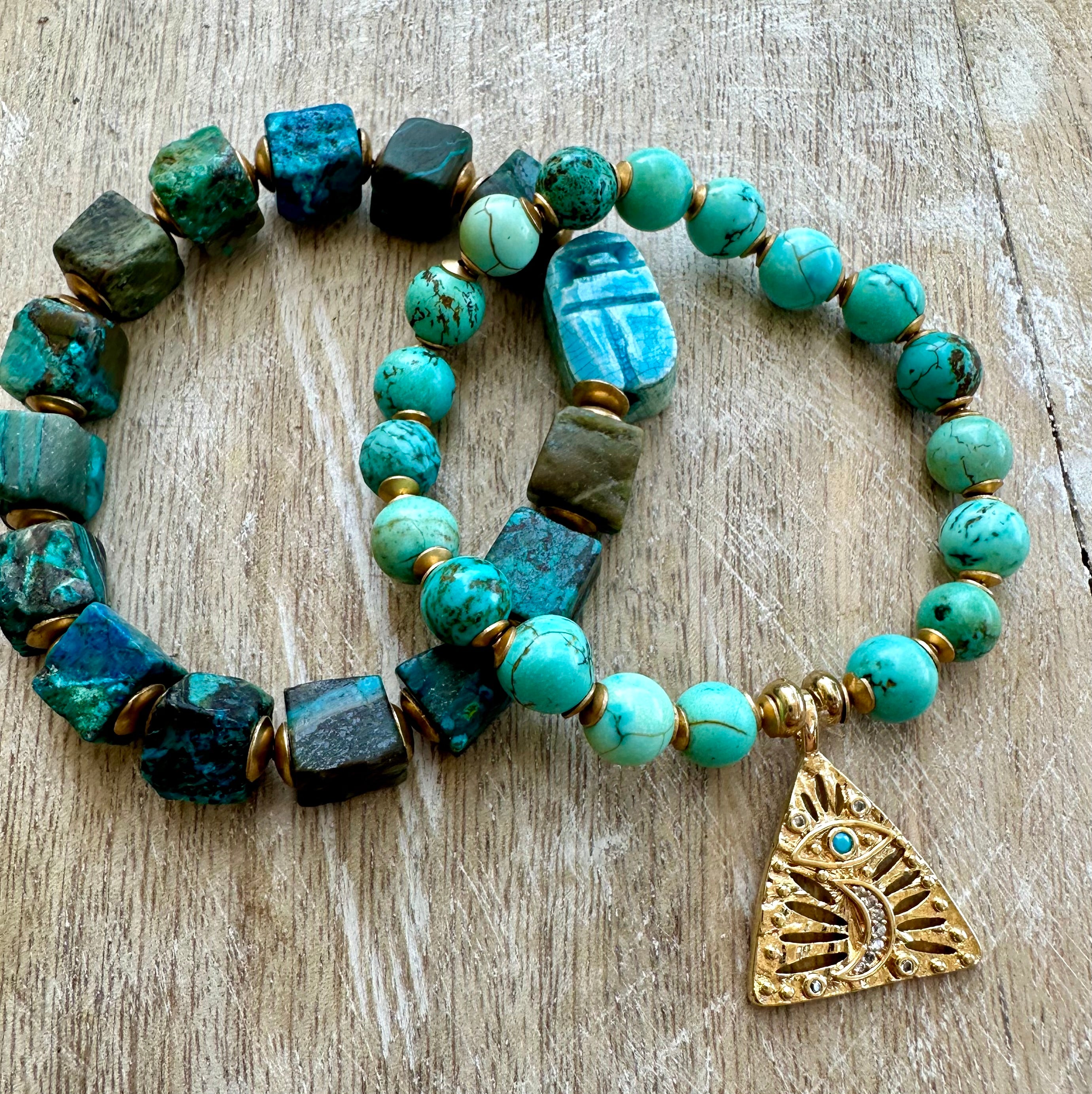 Egyptian Azurite Scarab & Eye of Horus Bracelet Stack