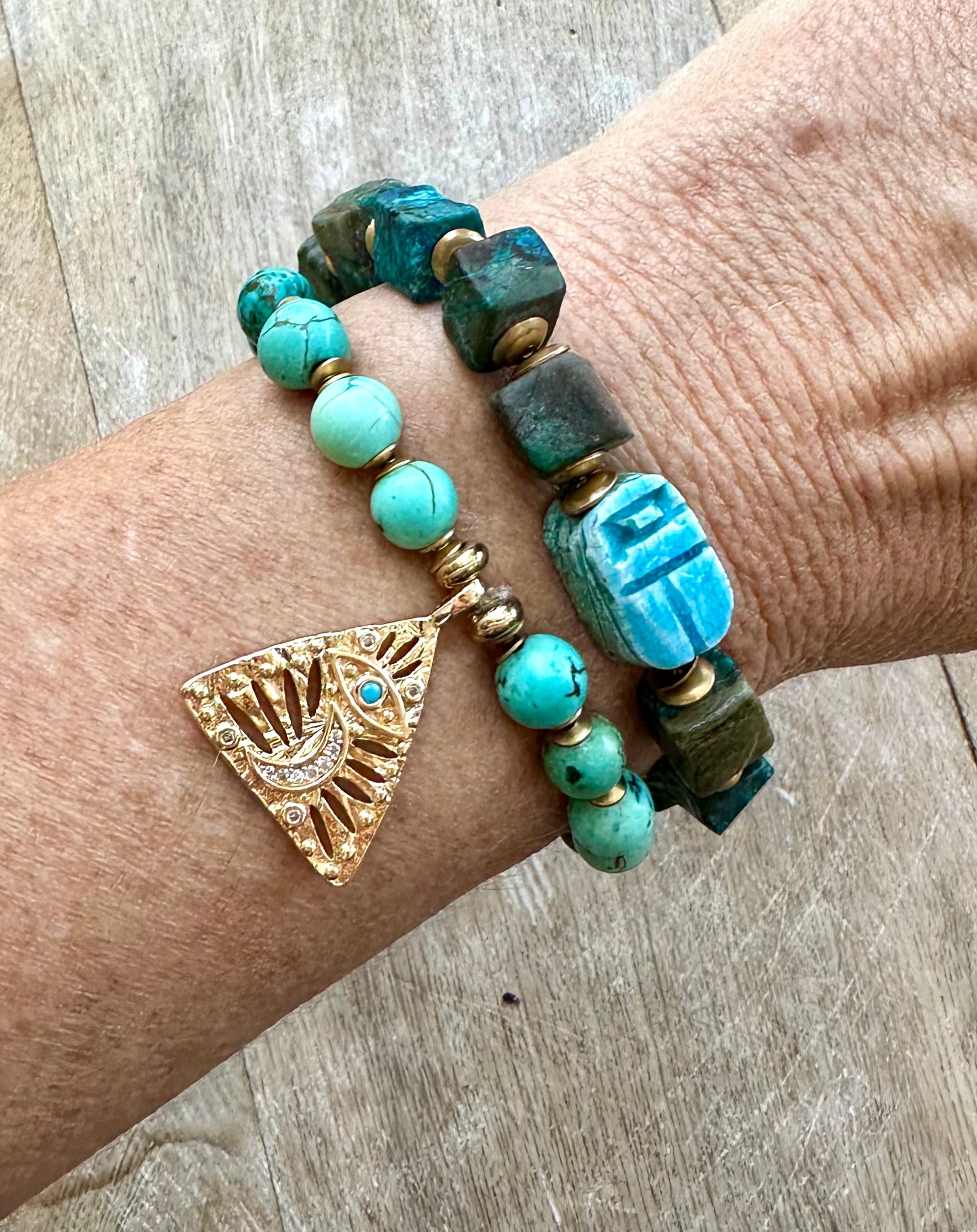 Egyptian Azurite Scarab & Eye of Horus Bracelet Stack