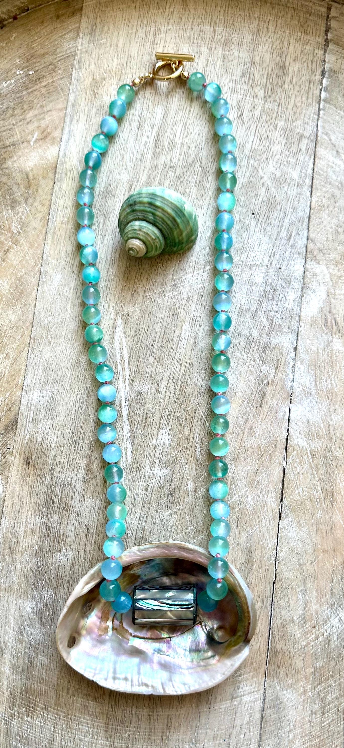 Blue-Green Selenite Knotted Necklace with Abalone Pendant