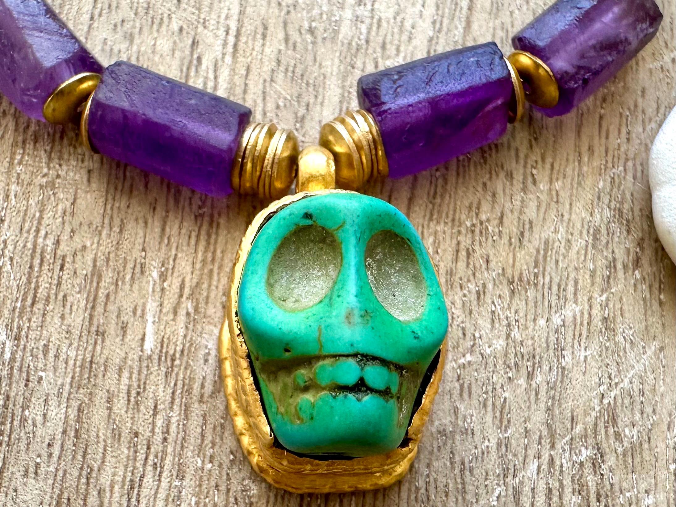 Gold Plated Skull Necklace With Amethyst And Mystic Indian Agate