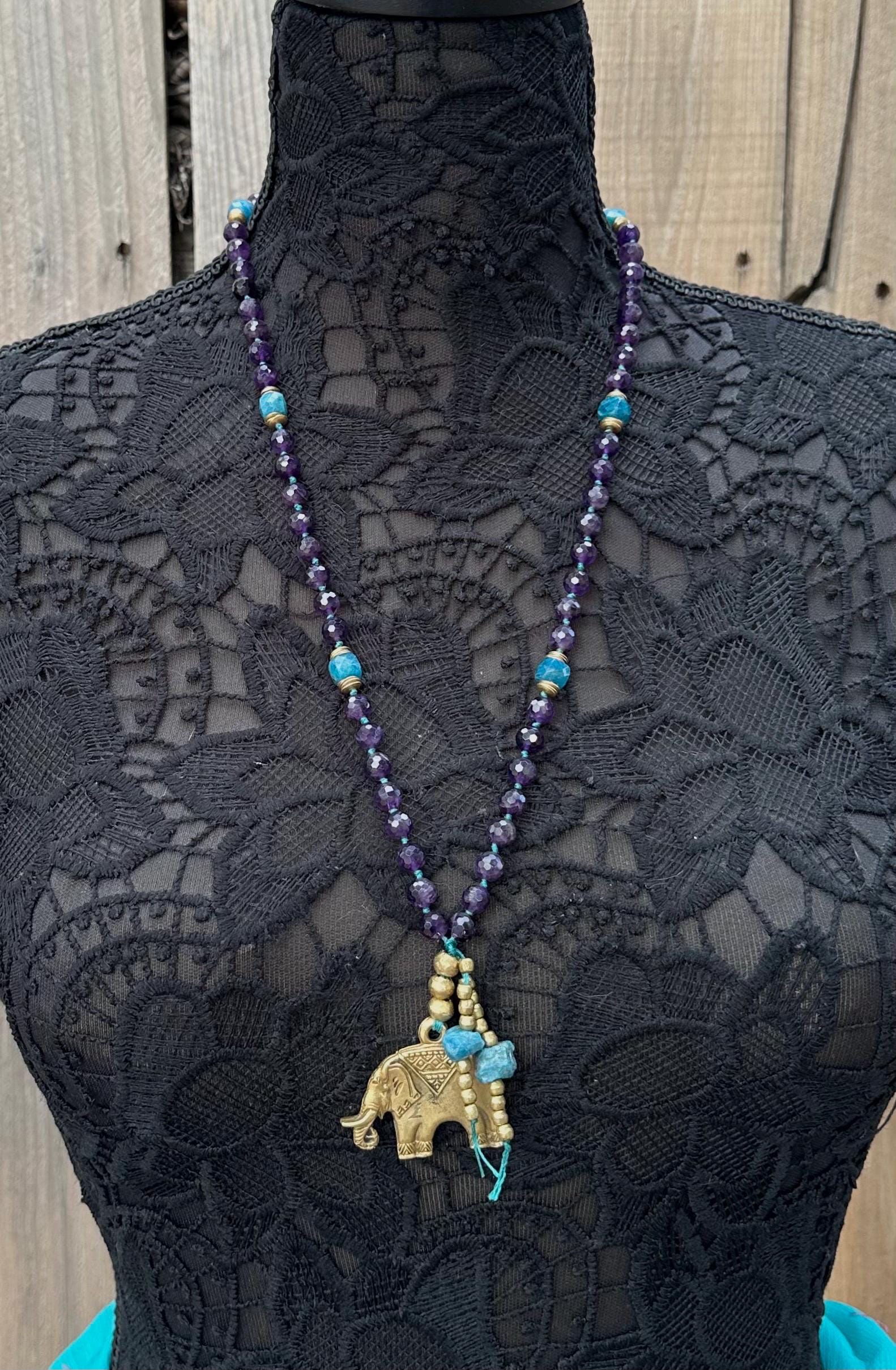 Amethyst & Apatite Elephant Pendant Necklace