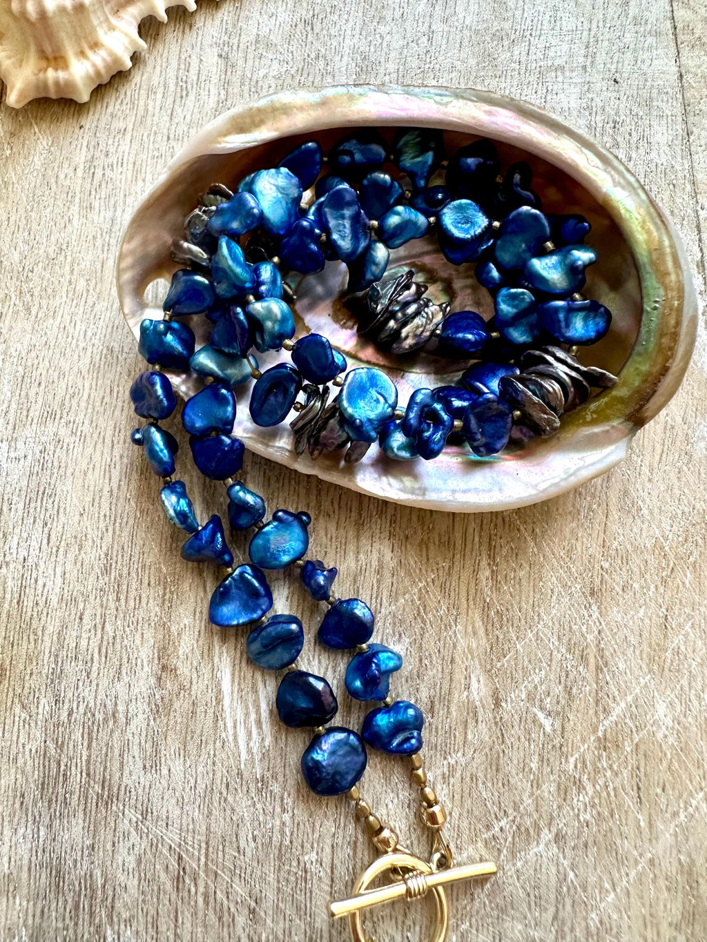 Blue & Grey Pearl Moon Pendant Necklace