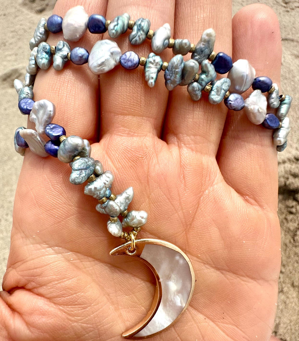 Abalone Moon Pendant Pearl Necklace