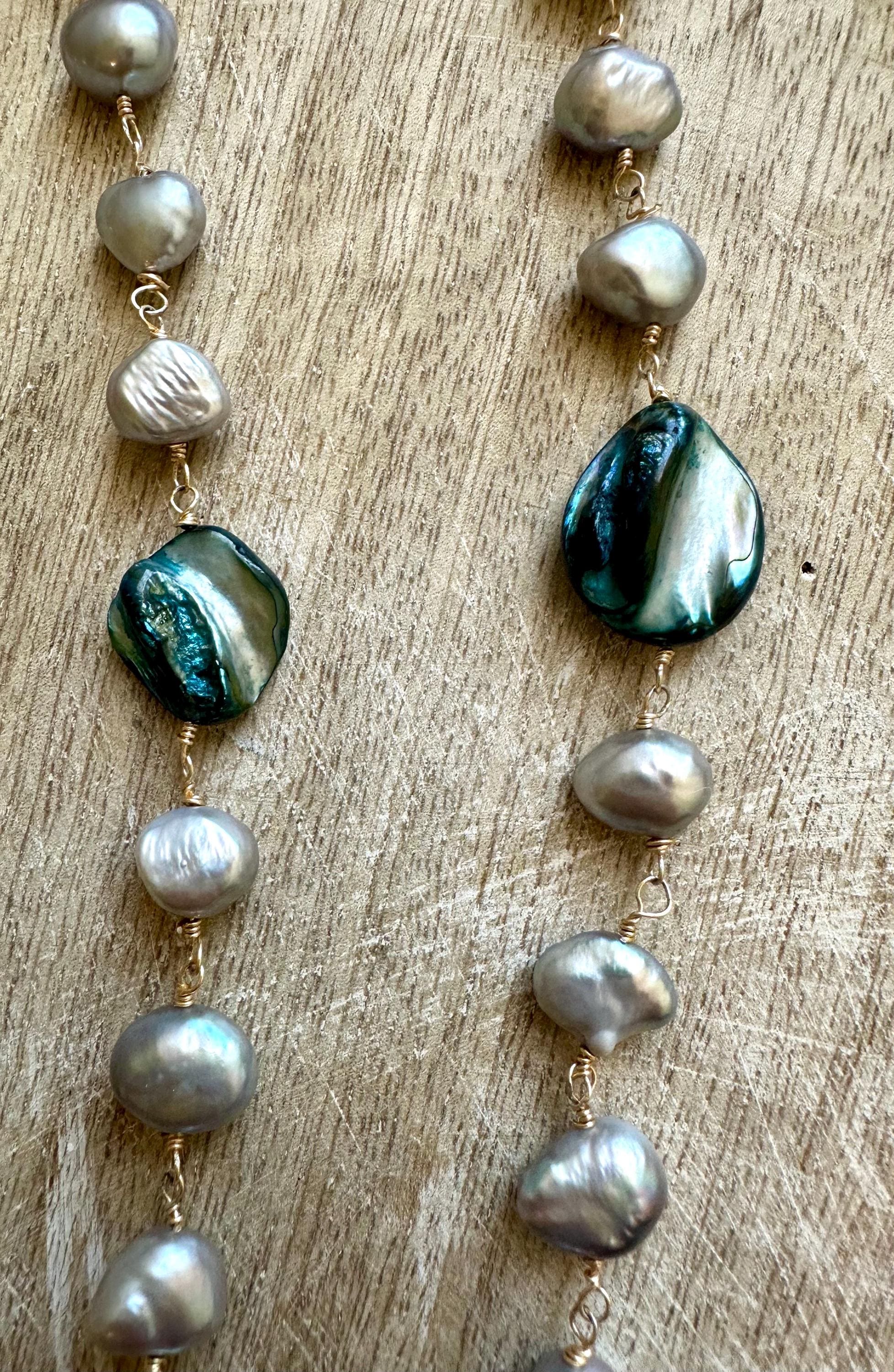 Long Pearl Necklace with blue shell beads and 18k accents