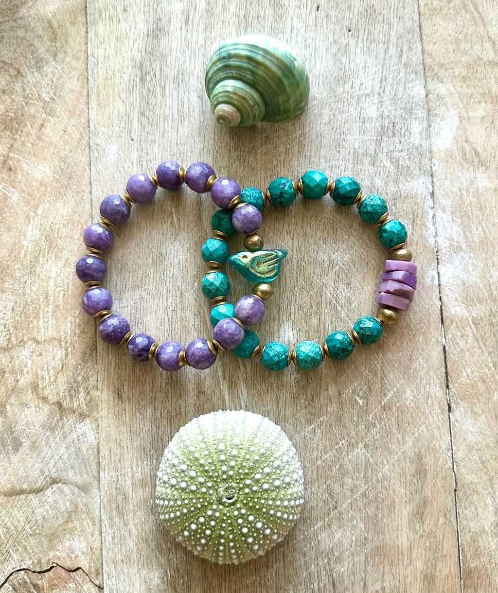 Bird Charm Iolite & Turquoise Bracelet Stack