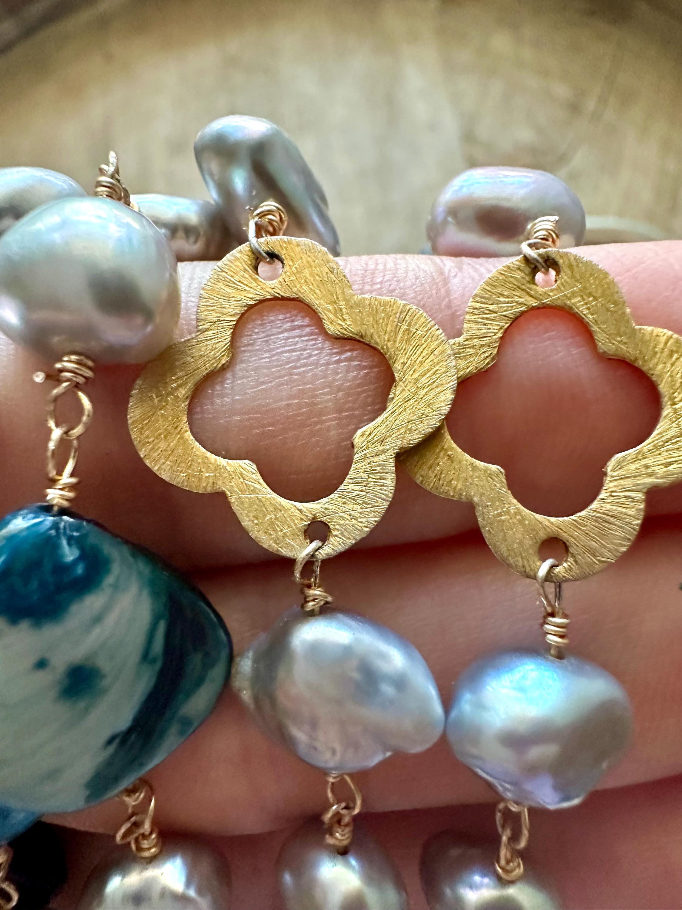 Long Pearl Necklace with blue shell beads and 18k accents