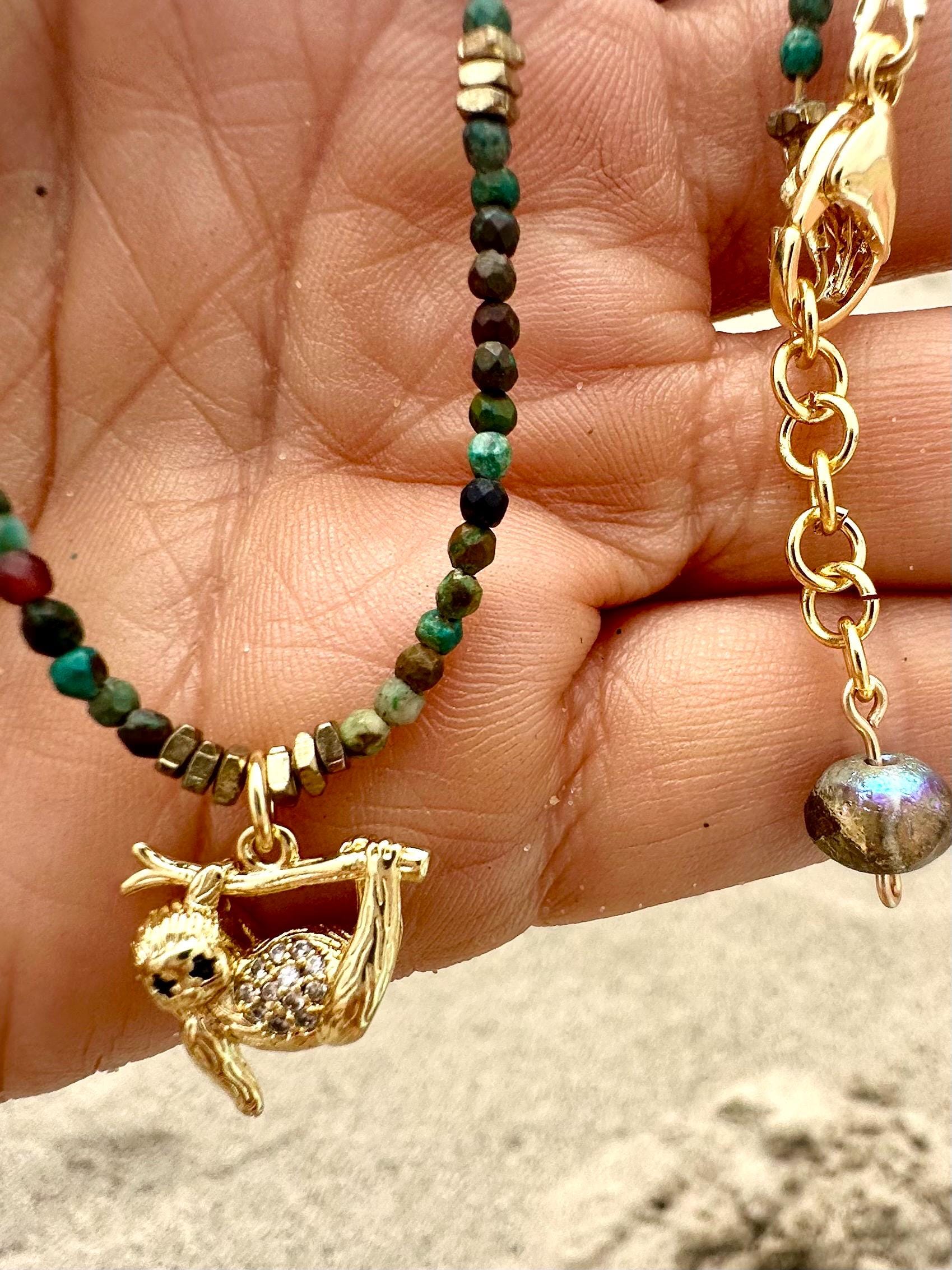 Chrysocolla Gemstone Sloth Pendant Necklace