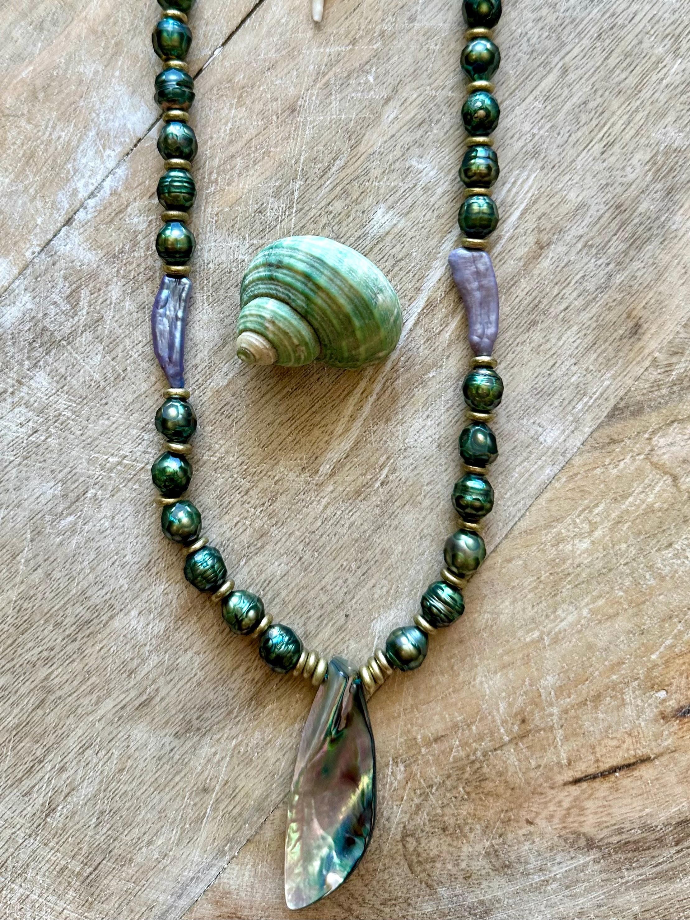 Mystic Green Pearl, African Brass Abalone Shell Pendant Necklace