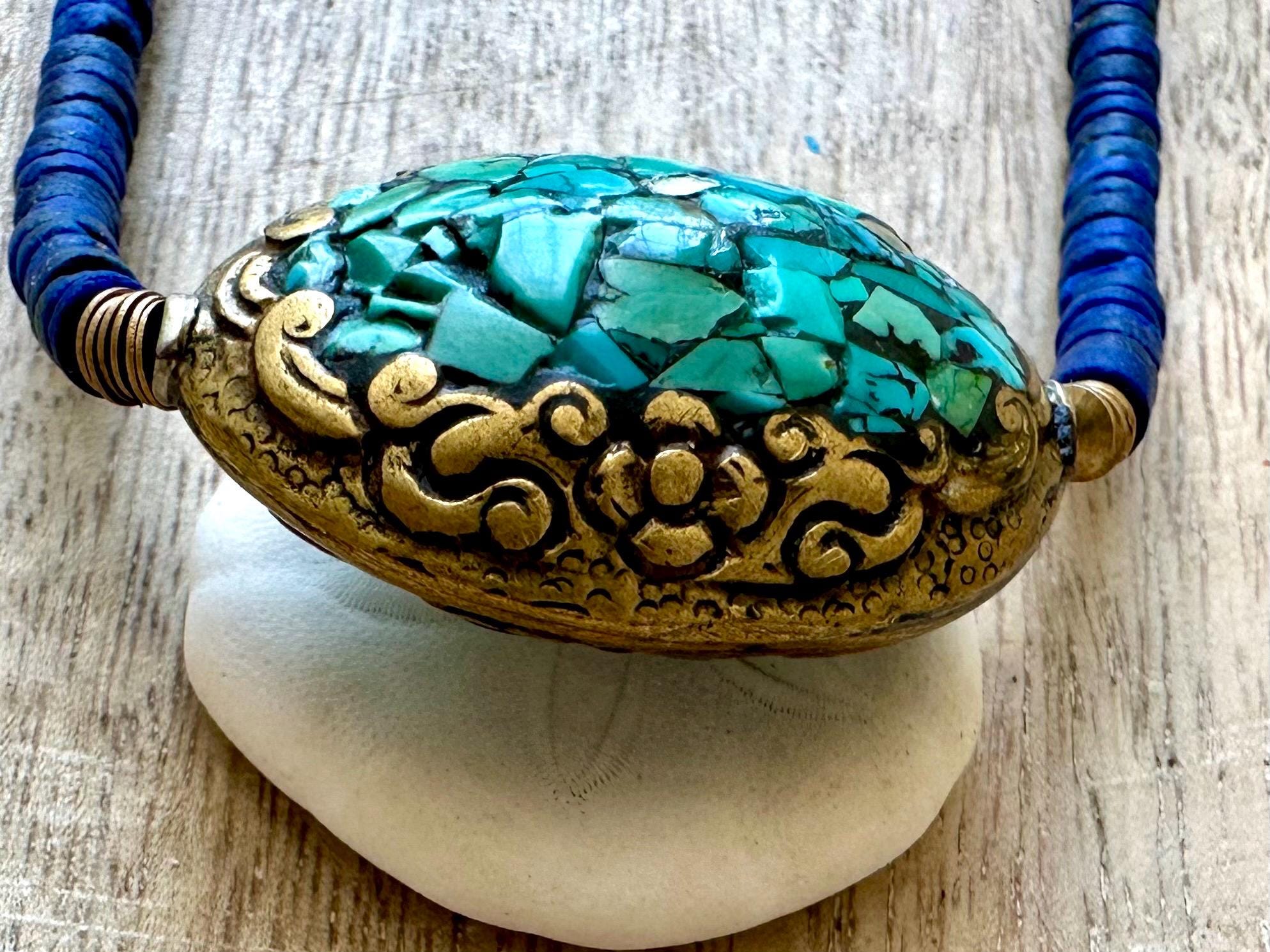 Tibetan Turquoise Pendant Lapis and Bone Necklace