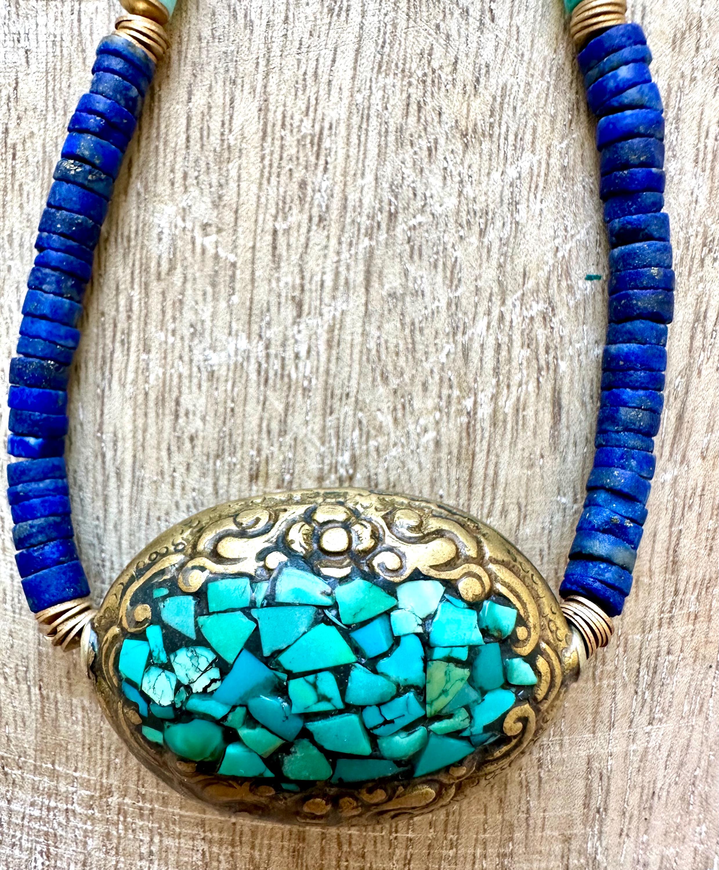Tibetan Turquoise Pendant Lapis and Bone Necklace